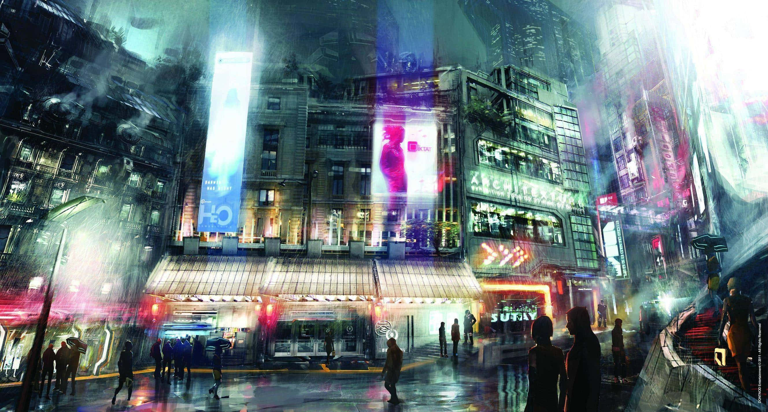 桌布 壁紙 — 雨濕的霓虹燈城市街道夜景，閃爍的廣告牌和濕簷篷下模糊的行人。