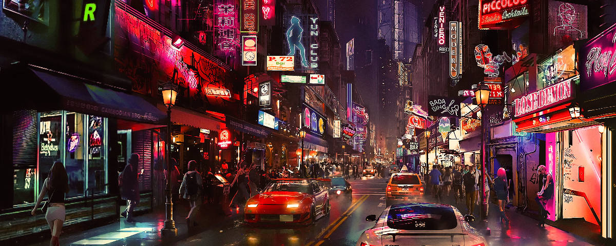 Cyberpunk Night City 桌布 壁紙 — 雨濕的霓虹燈夜街，發光的招牌在濕漉漉的人行道上反射，行人走過發光的商店櫥窗。