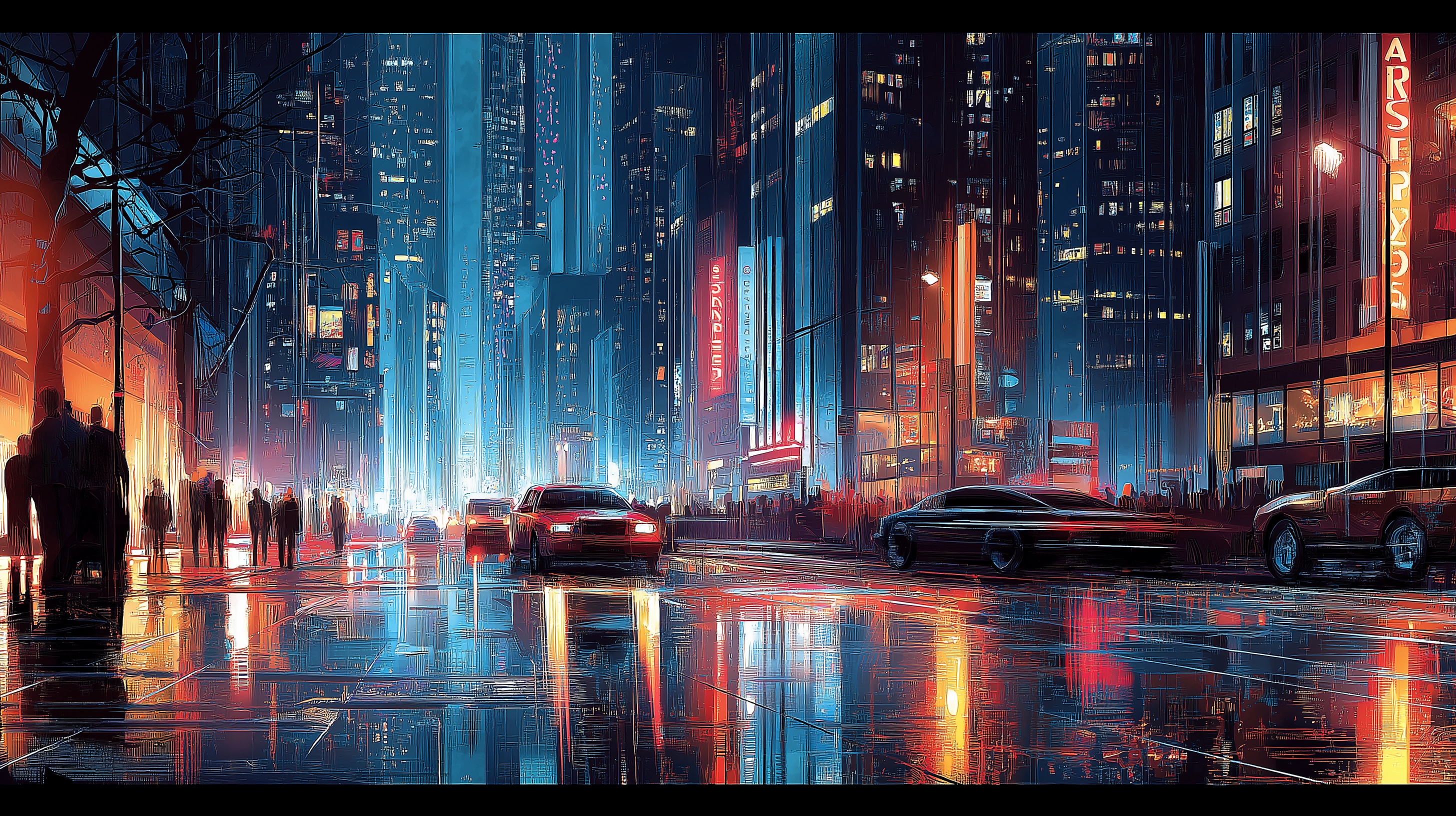 Urban 桌布 壁紙 — 雨濕的霓虹燈夜間城市街道，發光的摩天大樓和模糊的車燈反射在濕漉漉的路面上。