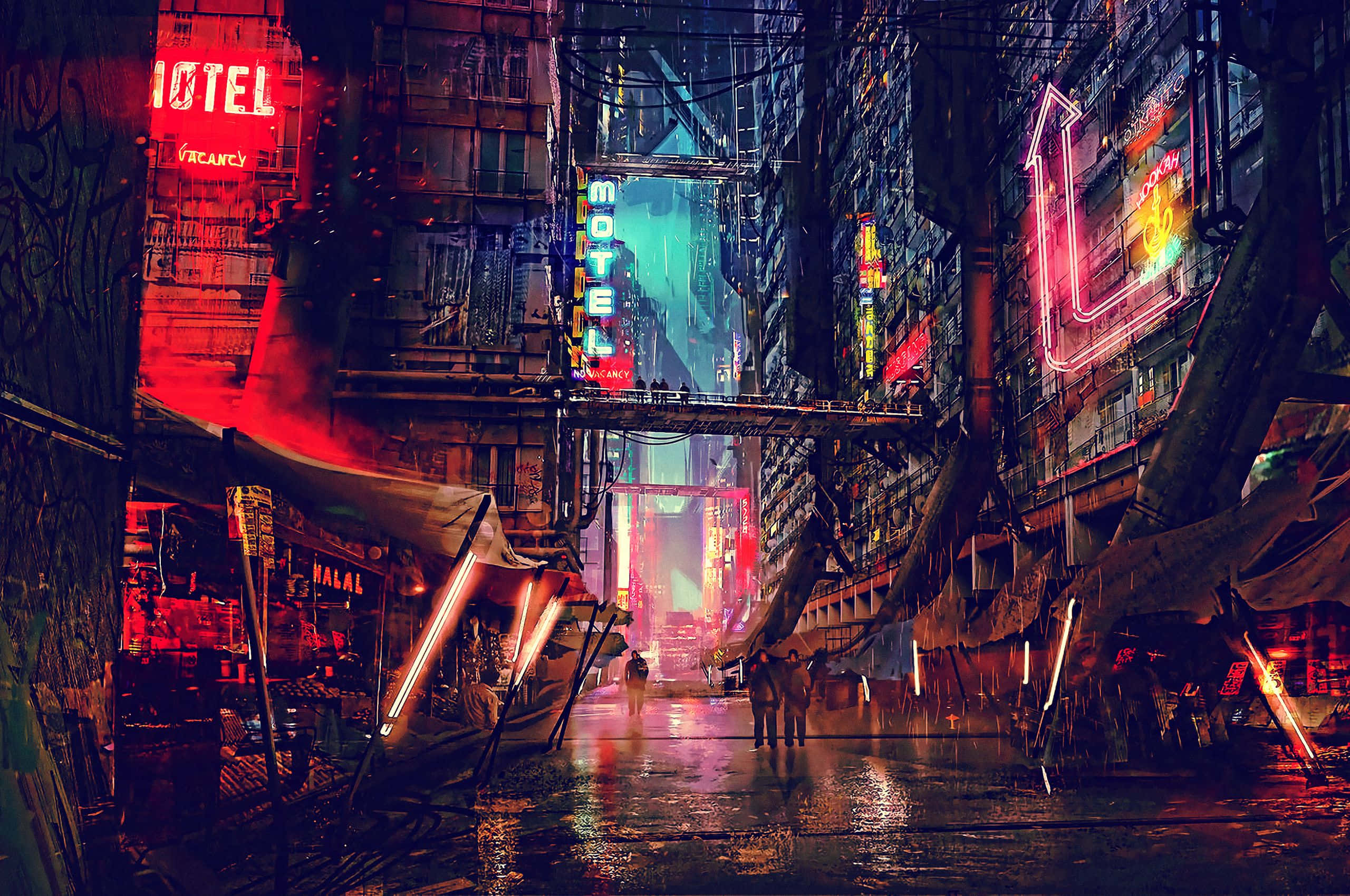 桌布 壁紙 — 雨濕的霓虹燈小巷，位於 cyberpunk 城市，有發光招牌和高聳建築物。