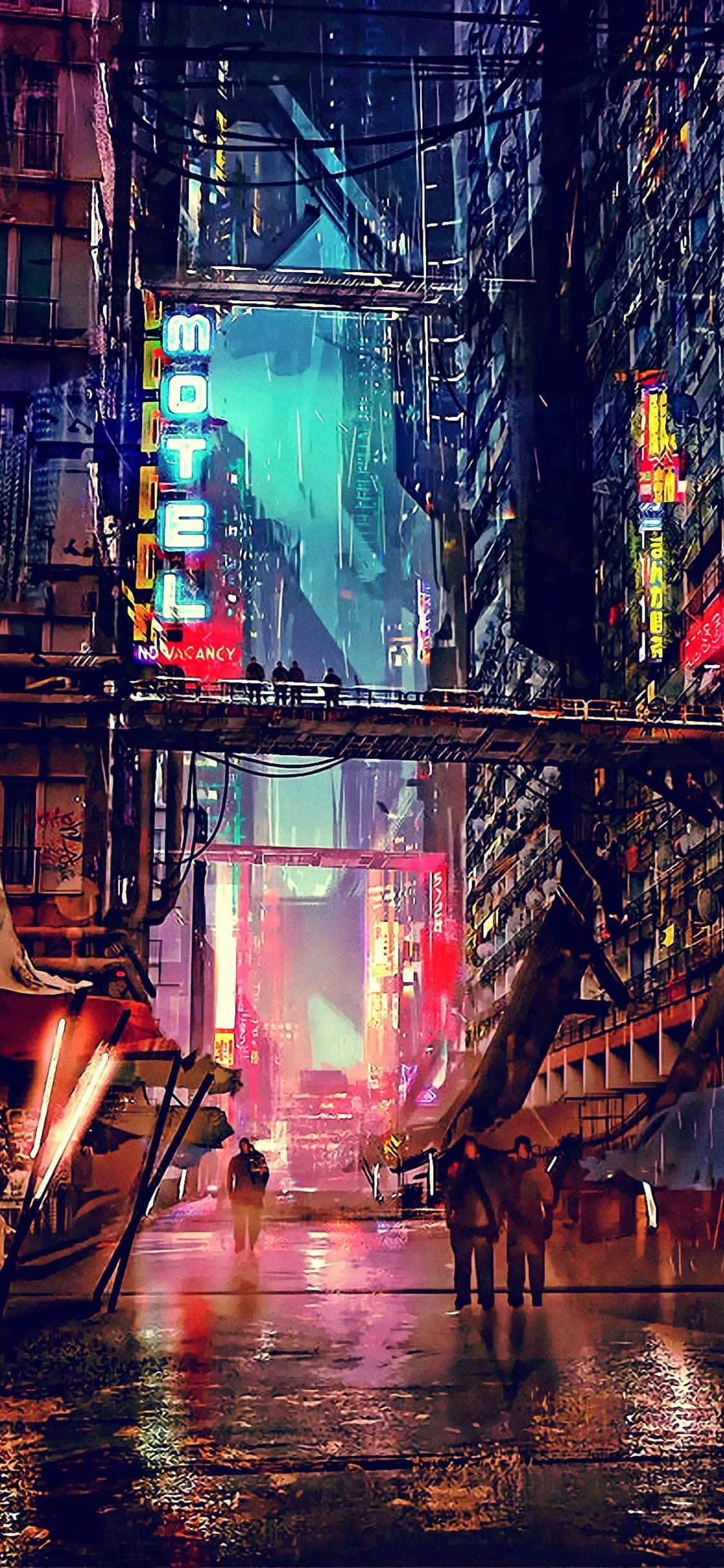Cyberpunk Night City 桌布 壁紙 — 雨濕的霓虹燈小巷，位於賽博龐克城市，高聳建築物與發光招牌倒映在濕漉漉的路面上。