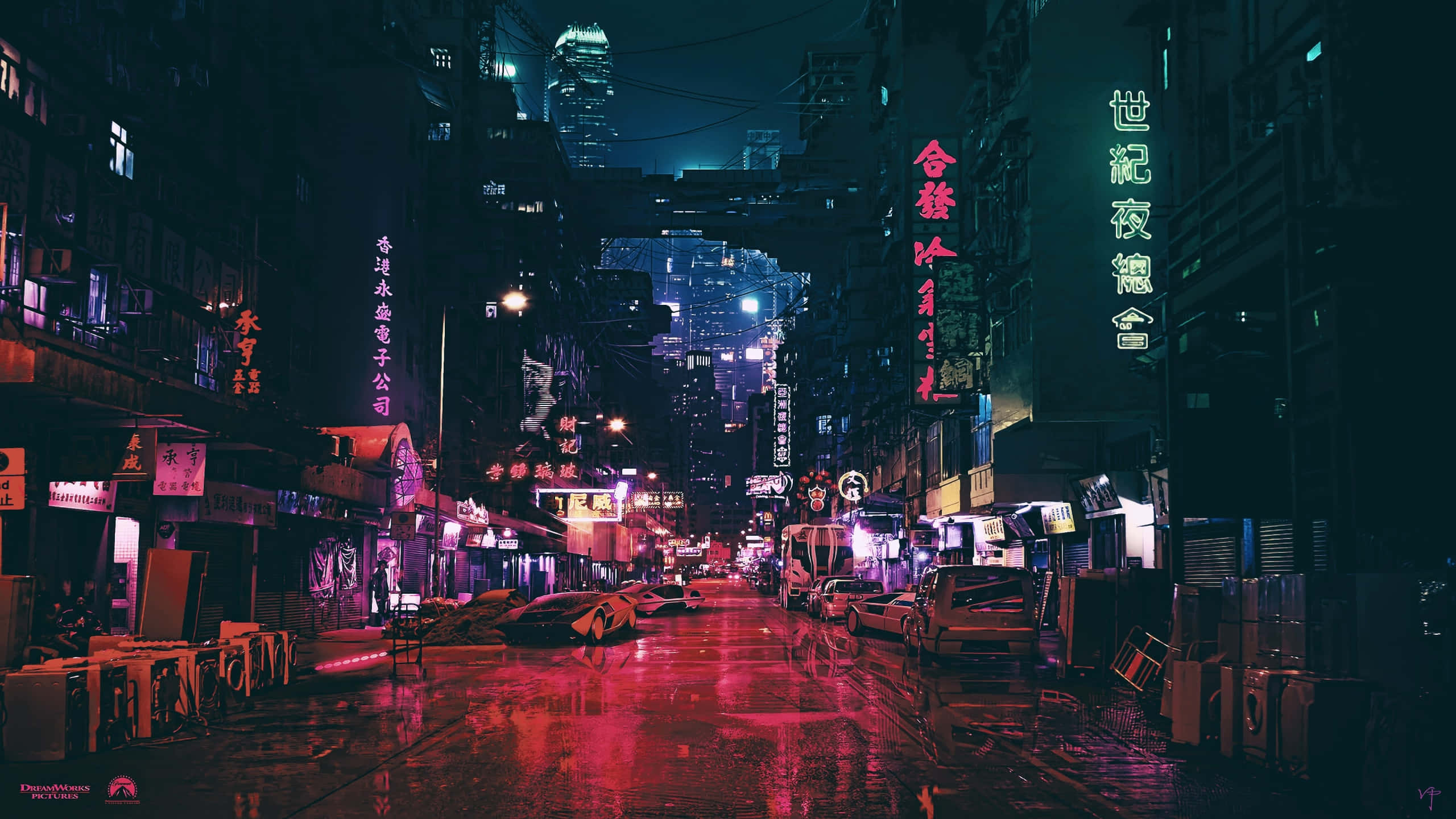 2560x1440 動態圖片 桌布 壁紙 — 雨濕的霓虹燈小巷，在密集的城市夜晚，發光的招牌映照在濕漉漉的路面上。