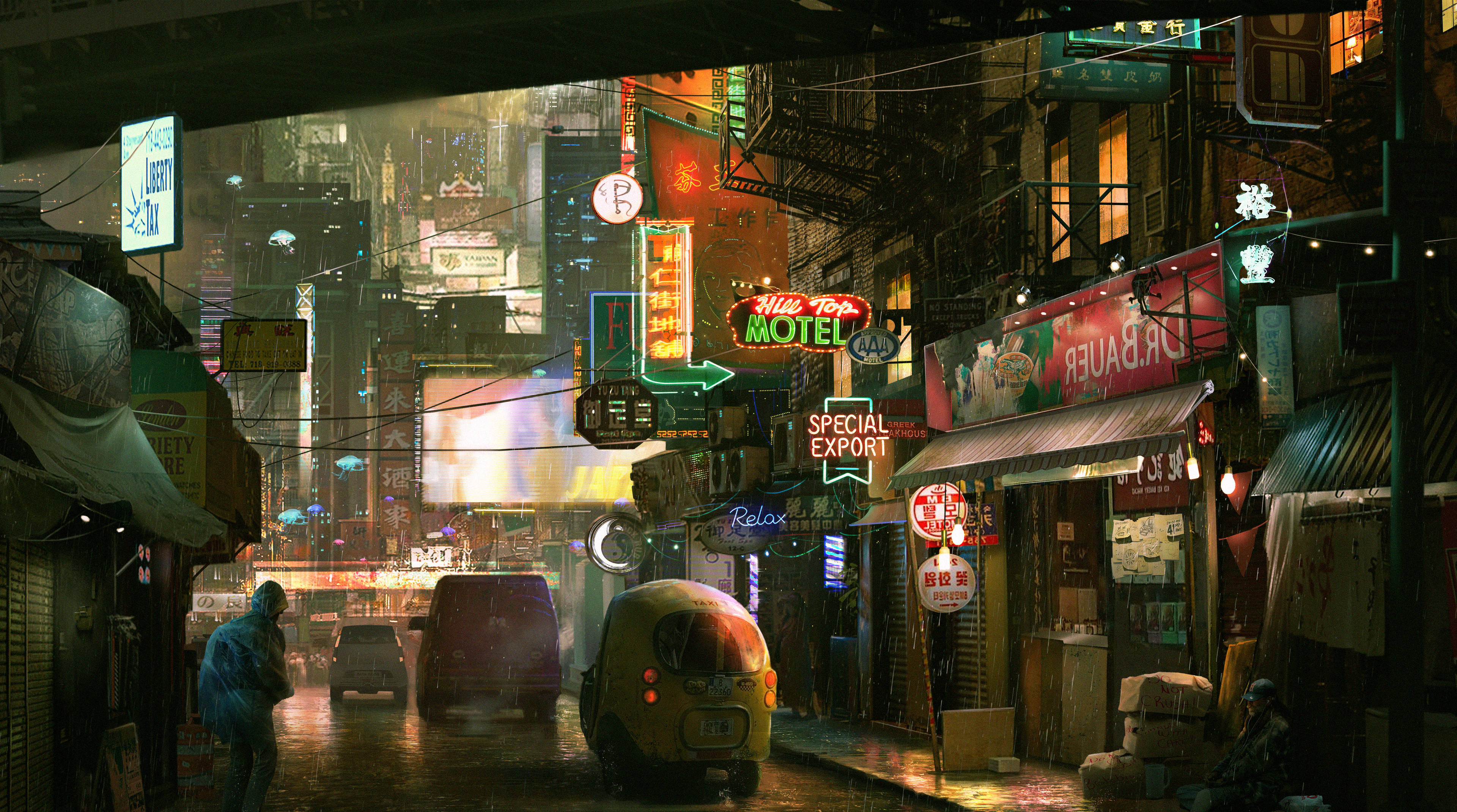 Cyberpunk Desktop 桌布 壁紙 — 雨濕的霓虹燈小巷，在密集的未來城市中，發光的招牌和復古汽車在濕漉漉的路面上反射。