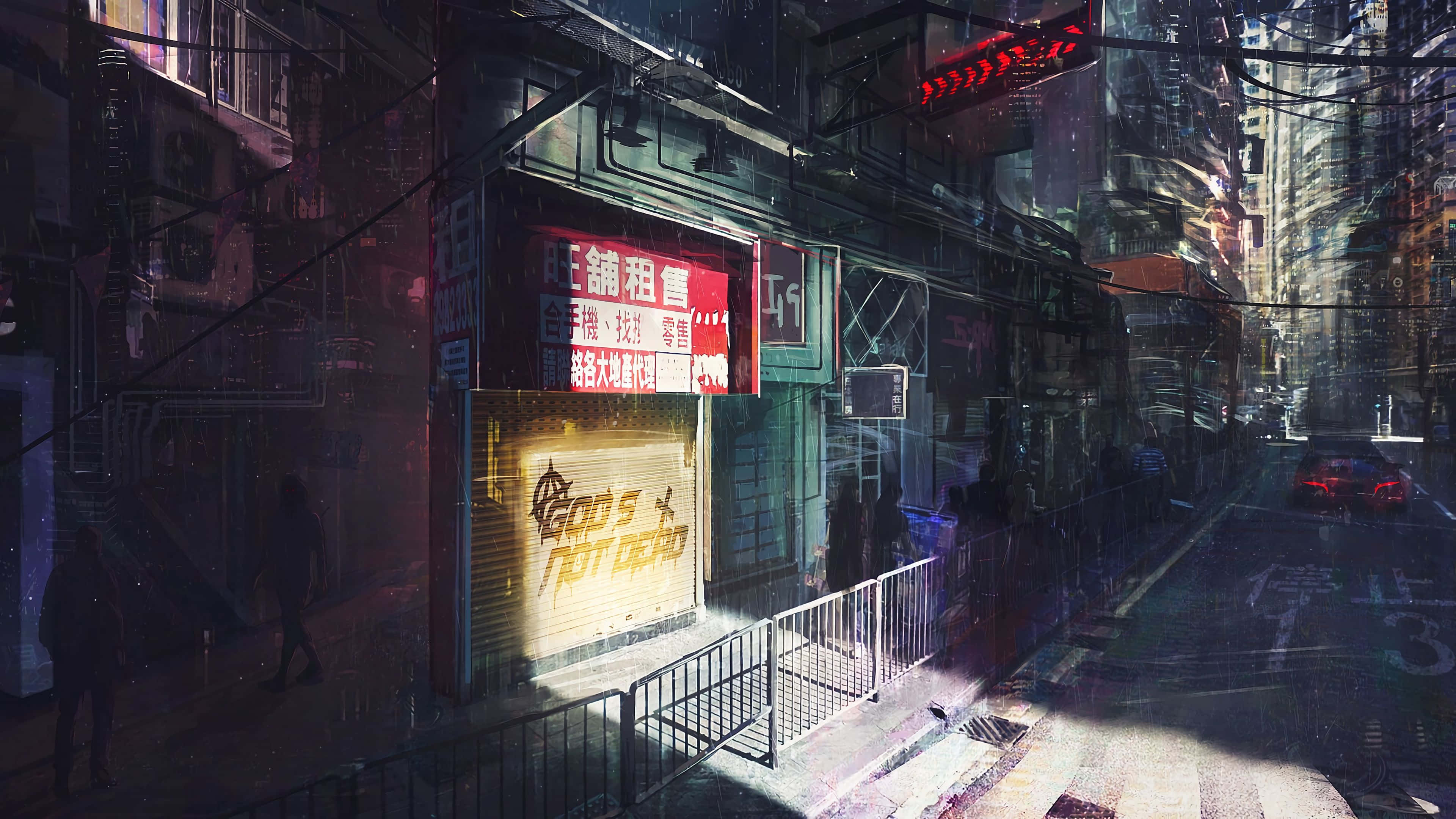 Cyberpunk Night City 桌布 壁紙 — 雨濕的霓虹燈小巷，在賽博龐克城市中，閃爍的招牌和模糊的行人映在濕漉漉的路面上。