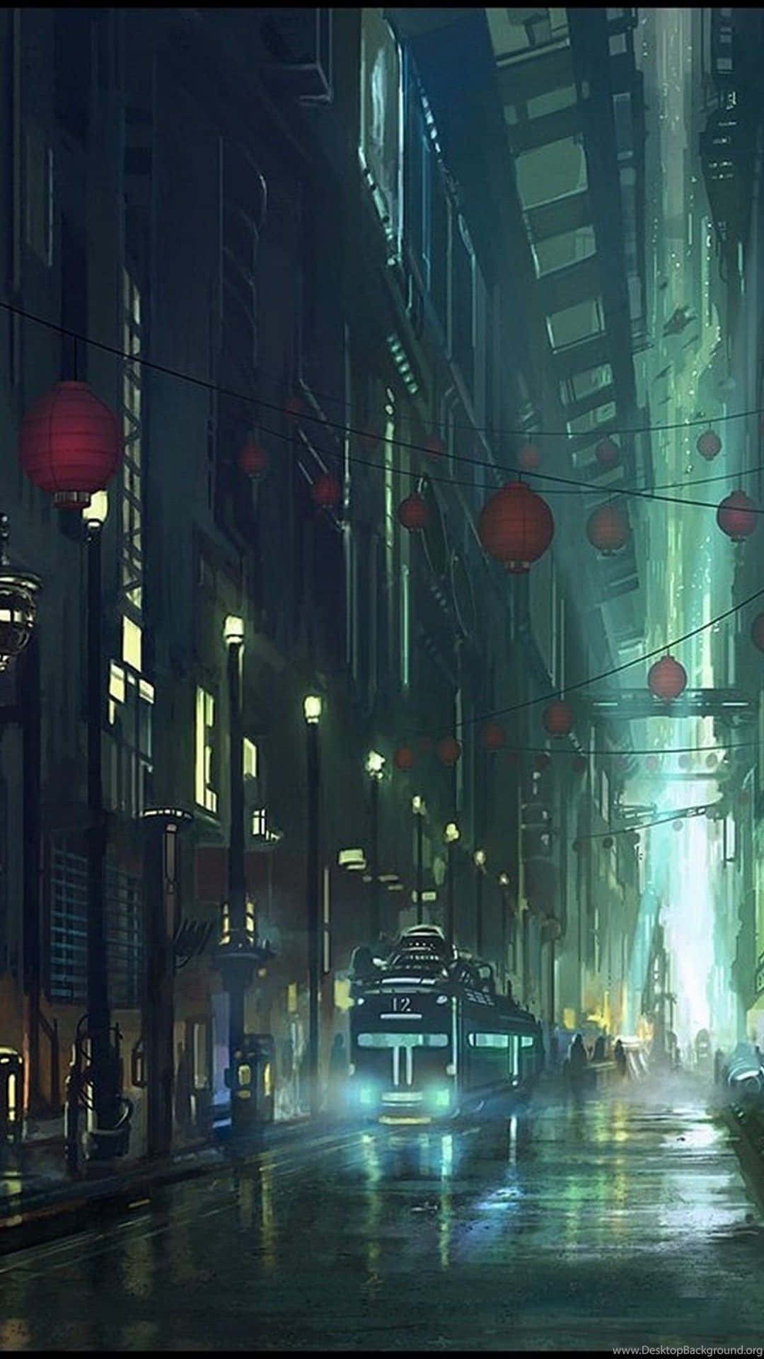 Rain Anime 桌布 壁紙 — 雨濕的霓虹燈小巷，夜晚中紅色燈籠閃耀，未來主義電車在濕漉漉的路面上倒映。