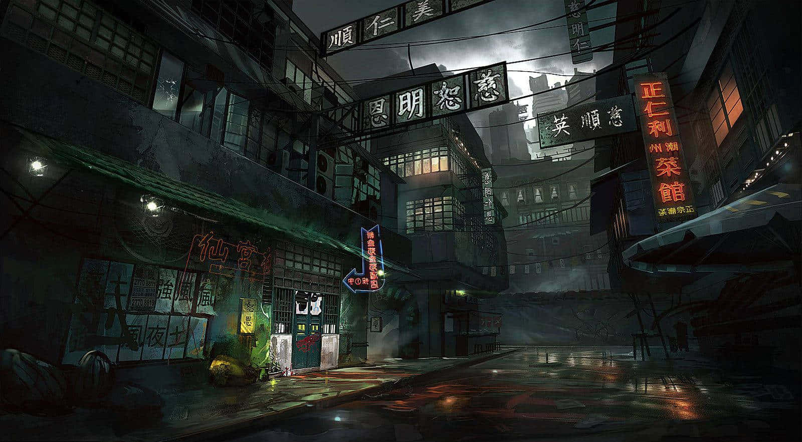 動畫 桌布 壁紙 — 雨濕的霓虹燈小巷，夜晚在 gritty 的亞洲城市中，發光的招牌在濕漉漉的路面上反射。