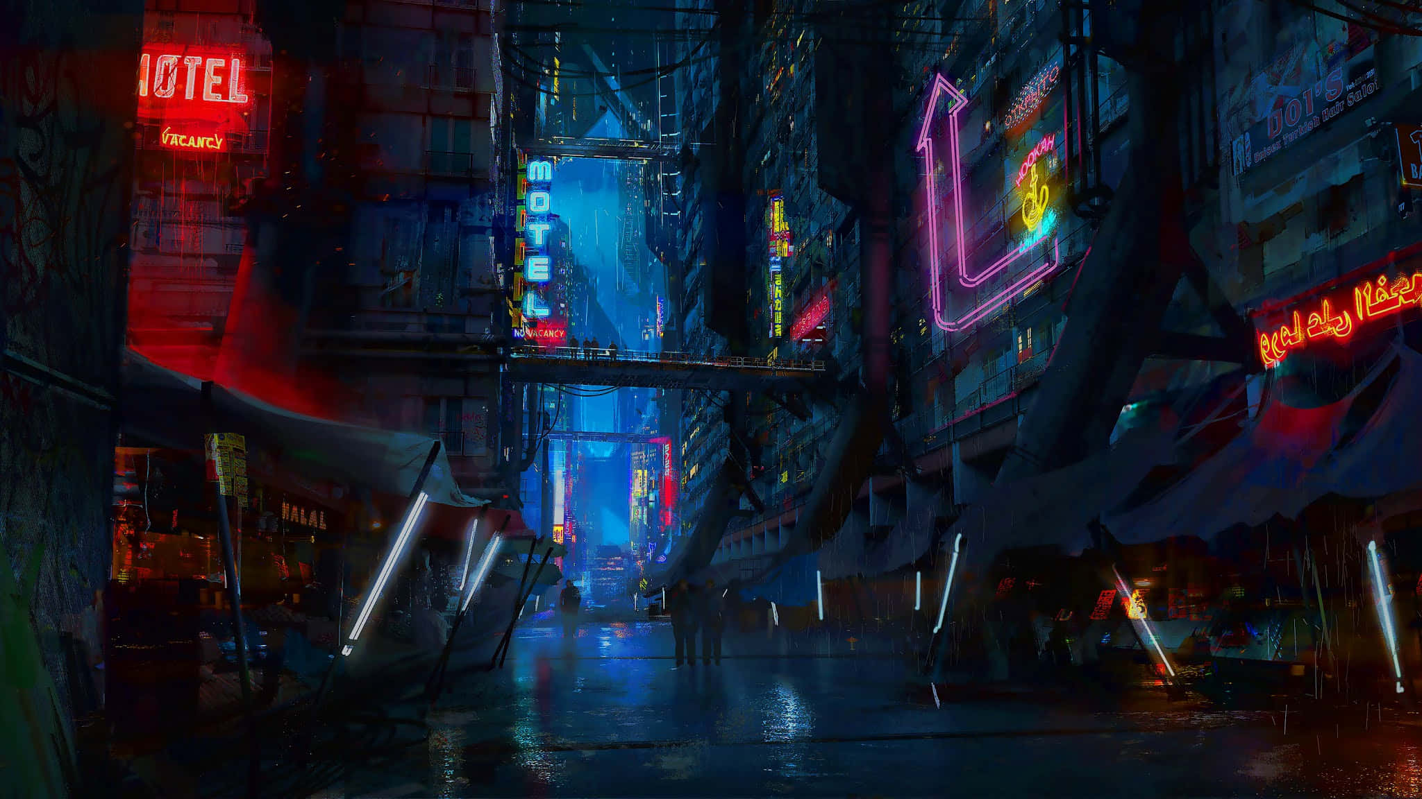 Cyberpunk Night City 桌布 壁紙 — 雨濕的霓虹燈小巷，聳立的賽博龐克建築之間閃爍著紅、藍、紫色的招牌。