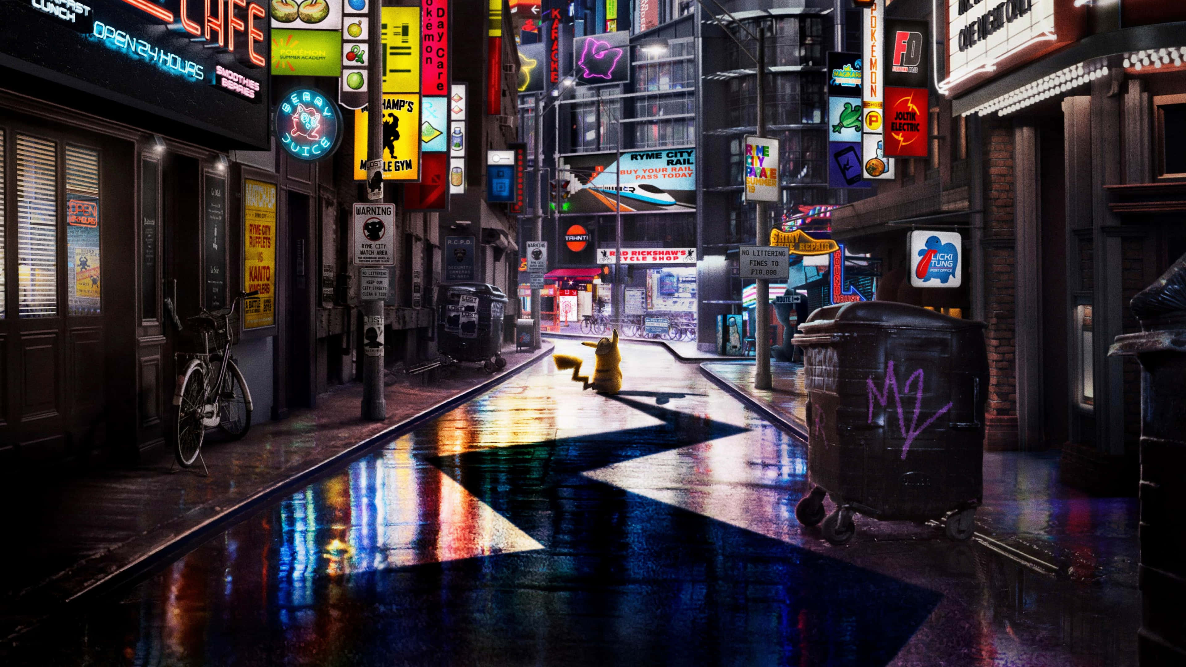 Pokemon Movies 桌布 壁紙 — 雨濕的霓虹燈小巷在黑暗的城市天空下反射出鮮豔的招牌和發光的店面。