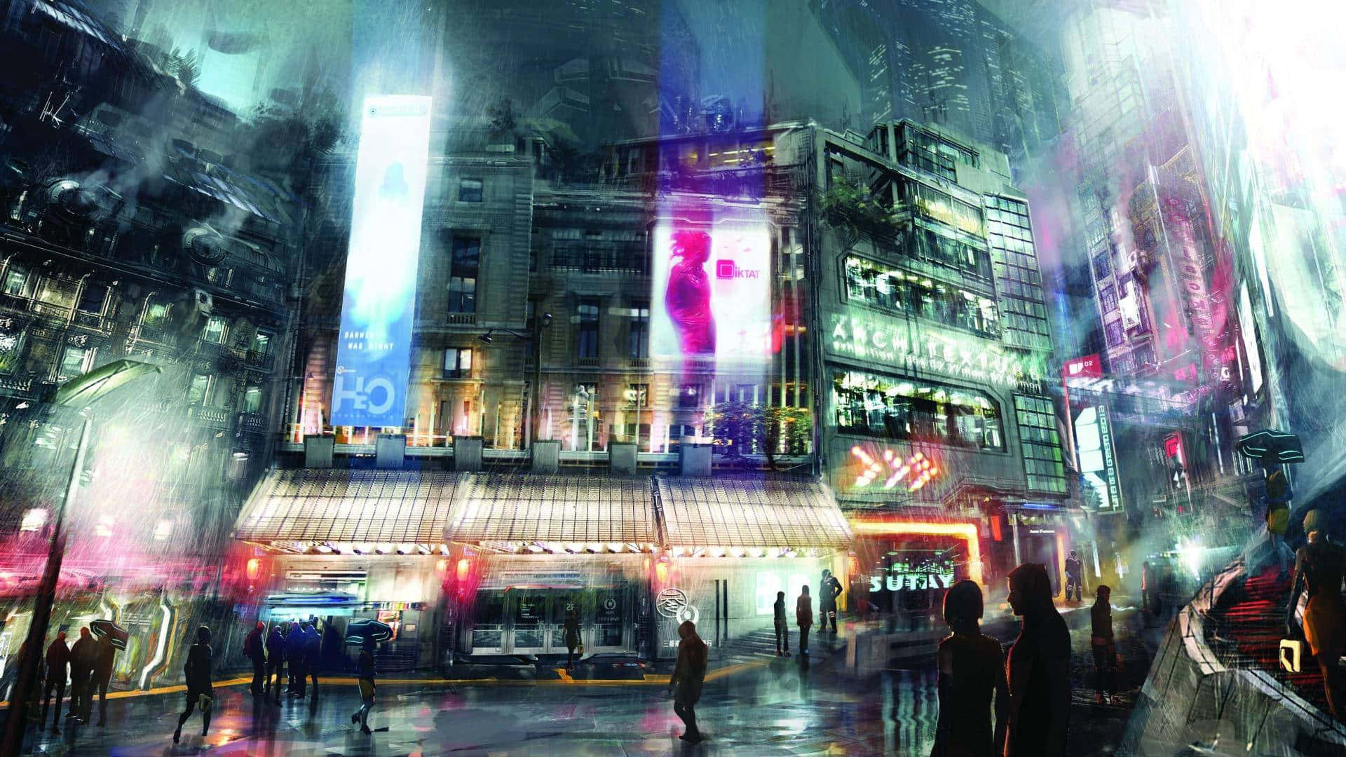 Cyberpunk Laptop 桌布 壁紙 — 雨濕的霓虹燈照亮夜晚城市街道，發光的廣告看板和濕簷篷下模糊的行人。