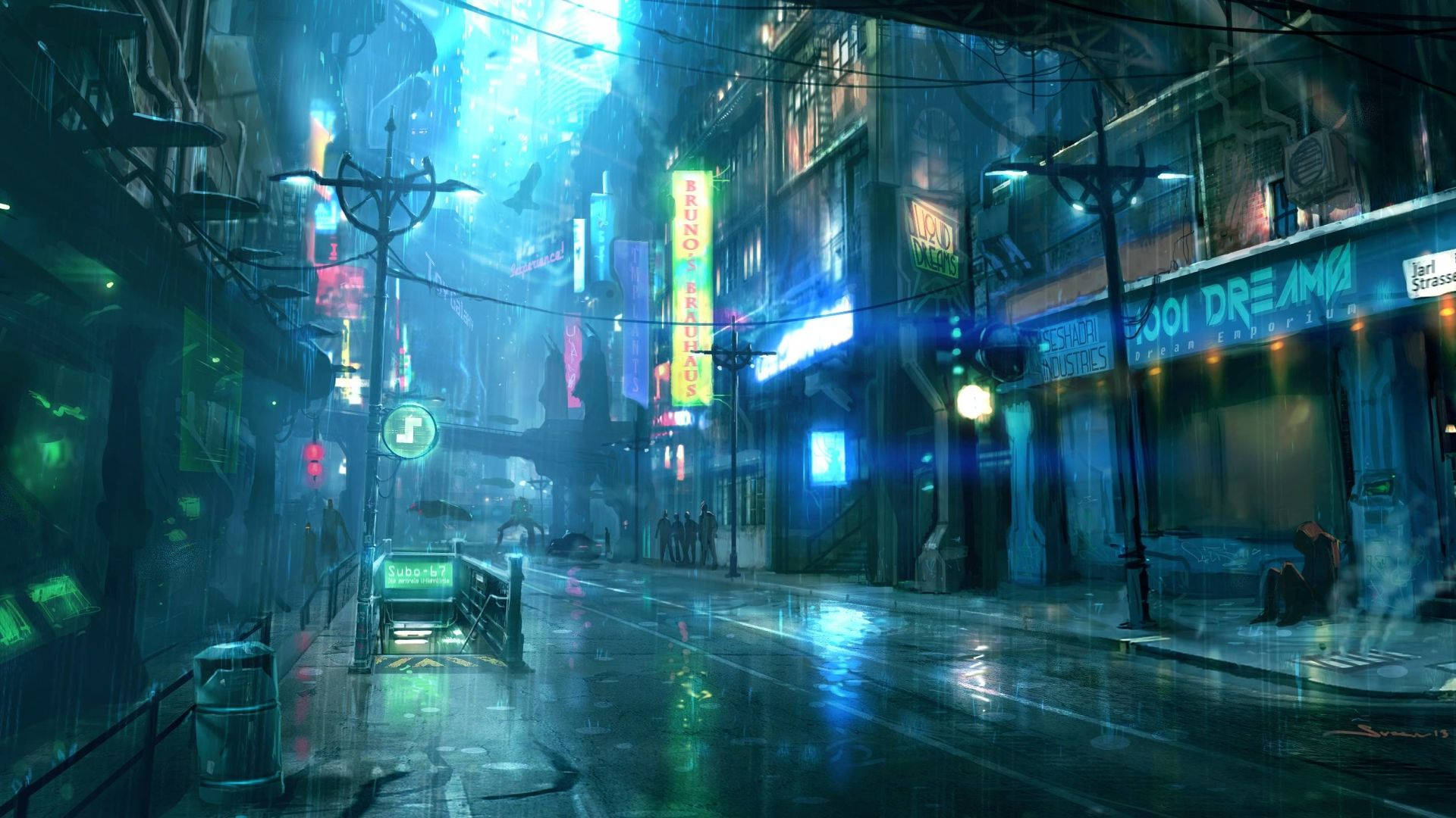 賽博龐克城市 桌布 壁紙 — 雨濕的霓虹燈科幻街景夜晚，發光招牌倒映在濕漉漉的路面上。