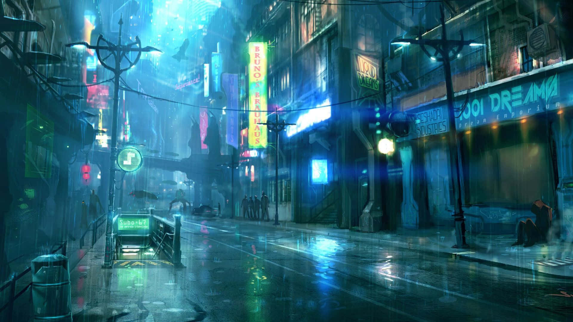 賽博龐克 桌布 壁紙 — 雨濕的霓虹燈科幻街頭夜景，帶有發光招牌和濕漉漉的反光路面。
