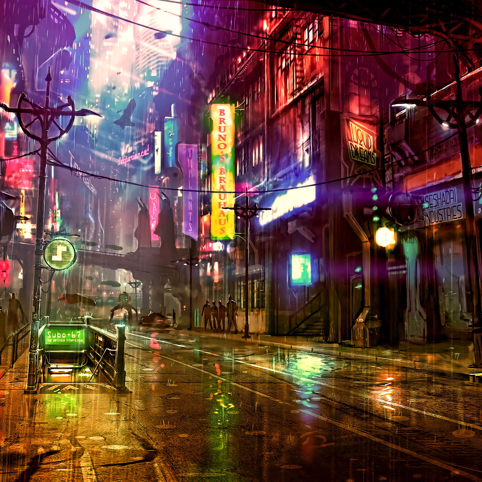 賽博龐克城市 桌布 壁紙 — 雨濕的霓虹燈科幻街頭夜景，發光招牌和濕路面上的倒影。