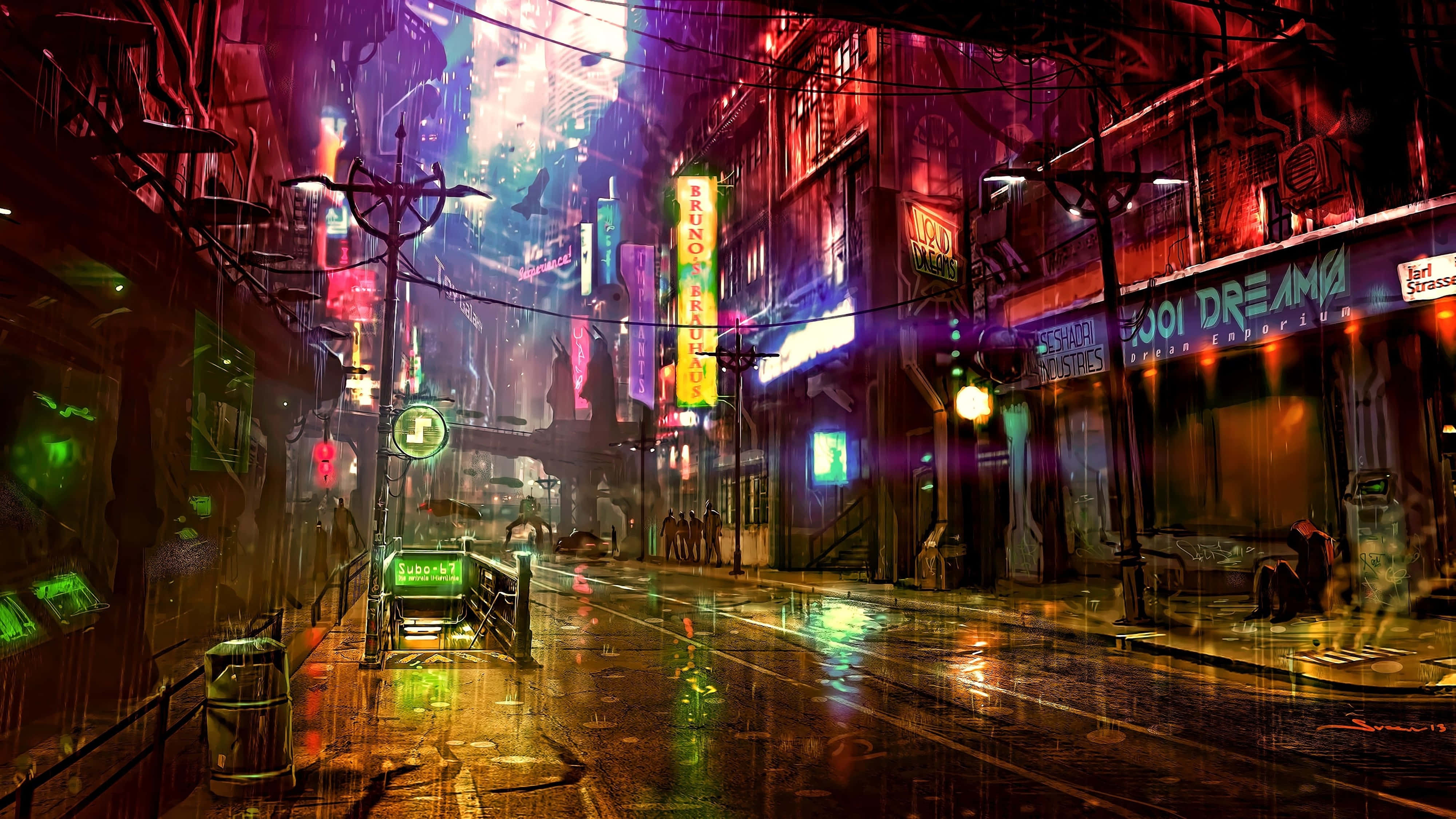 4K UHD 桌布 壁紙 — 雨濕的霓虹燈科幻街頭夜景，發光招牌倒映在濕漉漉的路面上。