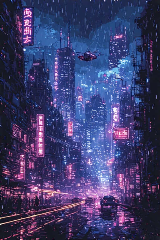 Futuristic Pixel Art City at Night 4K 壁紙 — 雨濕的霓虹街道在一個賽博龐克大都市中，在聳立的摩天大樓下閃耀，大樓上有發光的招牌和飛行車輛。