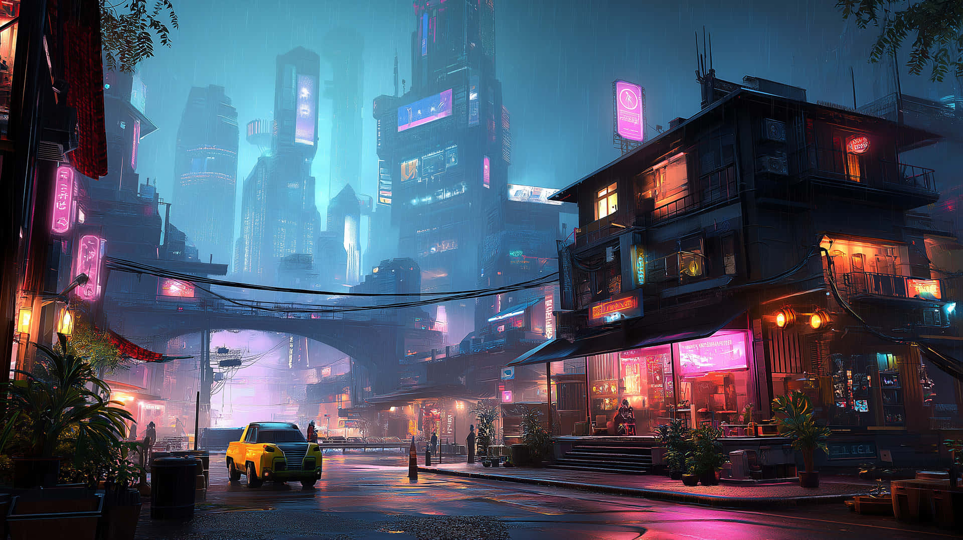 Rainy Cybernetic Street Scene with Luminous Signage 壁紙 — 雨濕的霓虹街道在聳立的賽博朋克摩天大樓下發光，樓下有發光的招牌和一輛黃色計程車停泊。