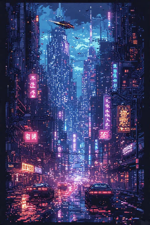霓虹燈照亮的未來城市夜景，有飛行汽車和濕漉漉的反射街道。 — 賽博龐克 壁紙