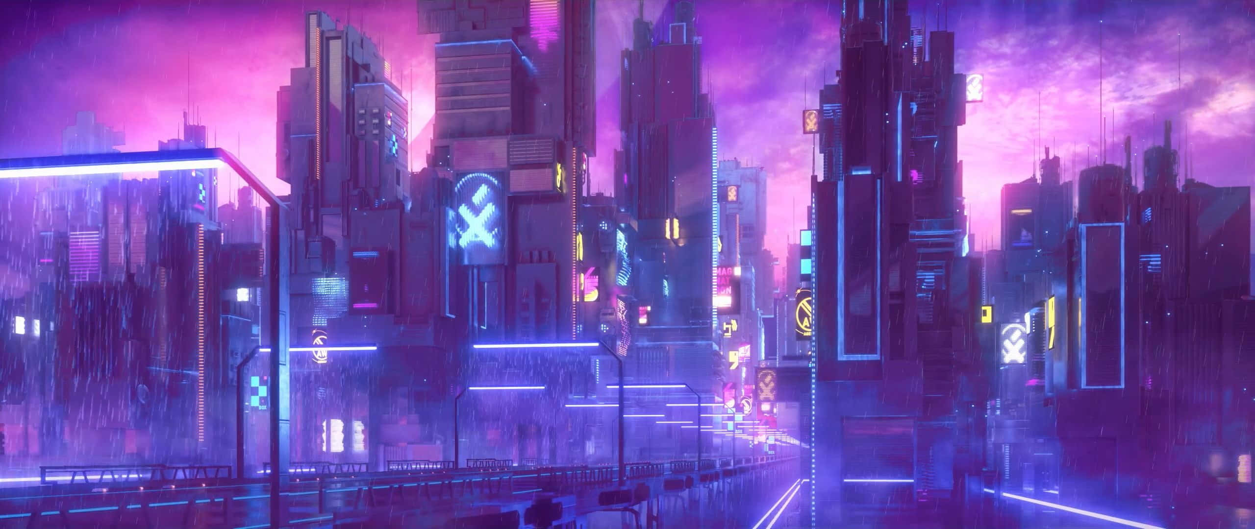 Cyberpunk Aesthetic 桌布 壁紙 — 雨濕的霓虹賽博龐克城市景觀在暴風雨的暮色天空下閃耀著紫色和藍色的燈光。
