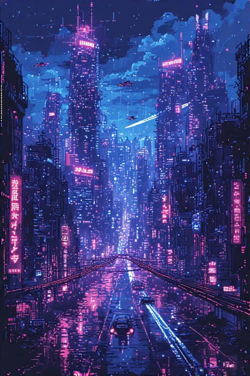 未來城市街道夜景，霓虹燈光反射在濕漉漉的路面上，上空有飛車。 — 賽博龐克 壁紙