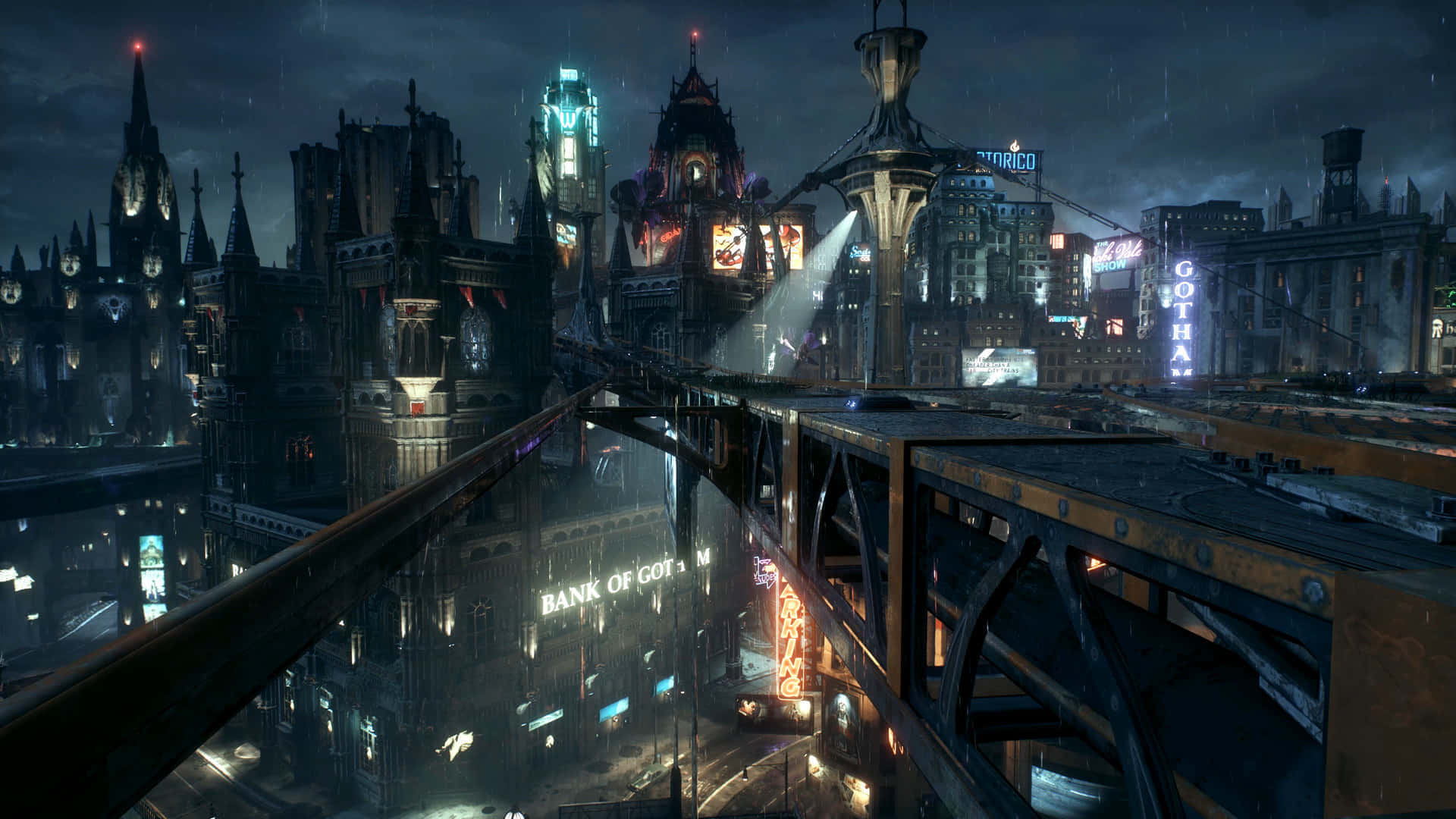 Gotham City 桌布 壁紙 — 雨濕的高譚市天際線夜景，霓虹燈在哥德式摩天大樓上閃爍，一座橋樑橫跨反射的運河。