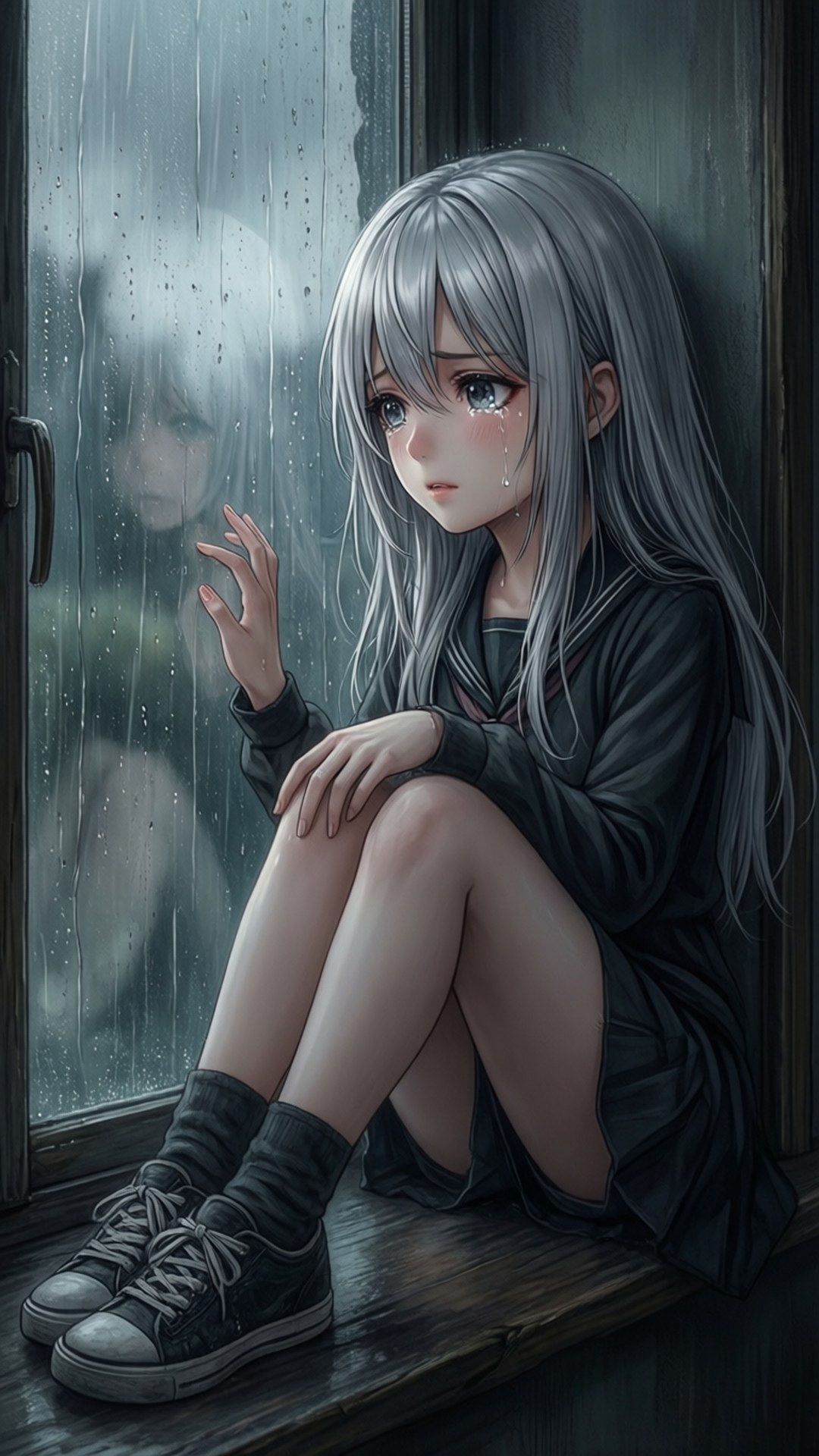 雨窗 壁紙 — 一個銀髮動漫女孩坐在被雨水打濕的窗台上，淚水落下，凝視著暴風雨的天氣。