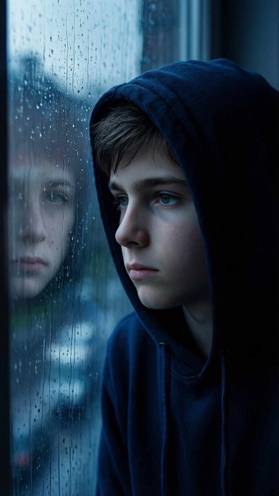 雨窗倒影 壁紙 — 一個穿著深色連帽衫的年輕人，帶著沉思的表情凝視著佈滿雨痕的窗外。
