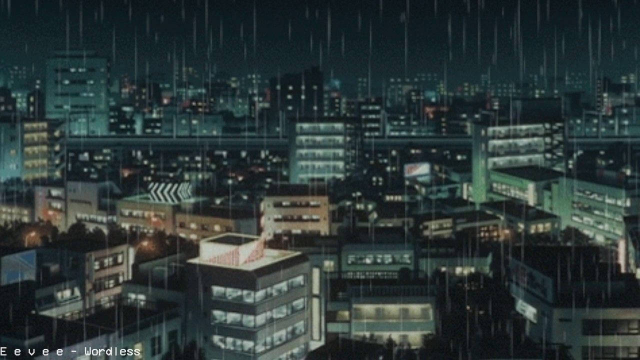 低傳真 桌布 壁紙 — 雨絲劃過霓虹燈照亮的夜景城市，窗戶和高樓大廈閃閃發光。