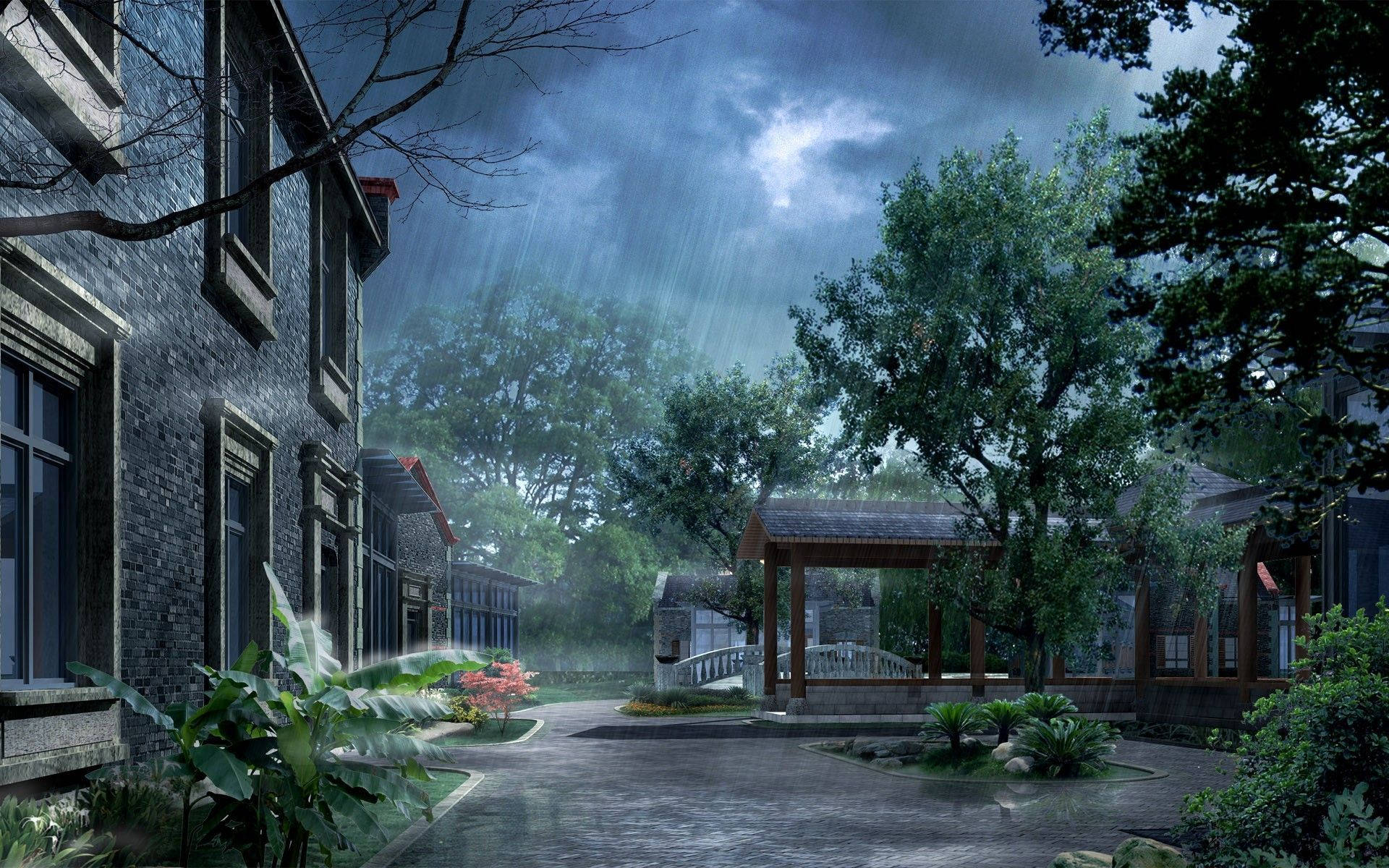 夜空 桌布 壁紙 — 雨絲灑落在石建築與茂密綠樹之間的寧靜庭院，天色陰沉如暮。