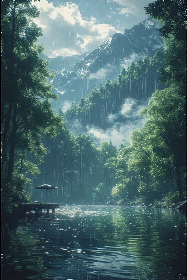 Lake 桌布 壁紙 — 雨輕輕地落在一個寧靜的山間湖泊上，周圍是茂密的綠樹，天空部分多雲。