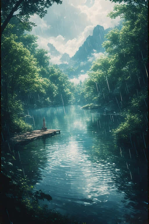 Anime Rainy Lake in Green Forest Peaceful Nature 4K 壁紙 — 雨輕輕地落在寧靜的河流上，兩旁是茂密的綠樹，遠處有山巒，天空多雲。
