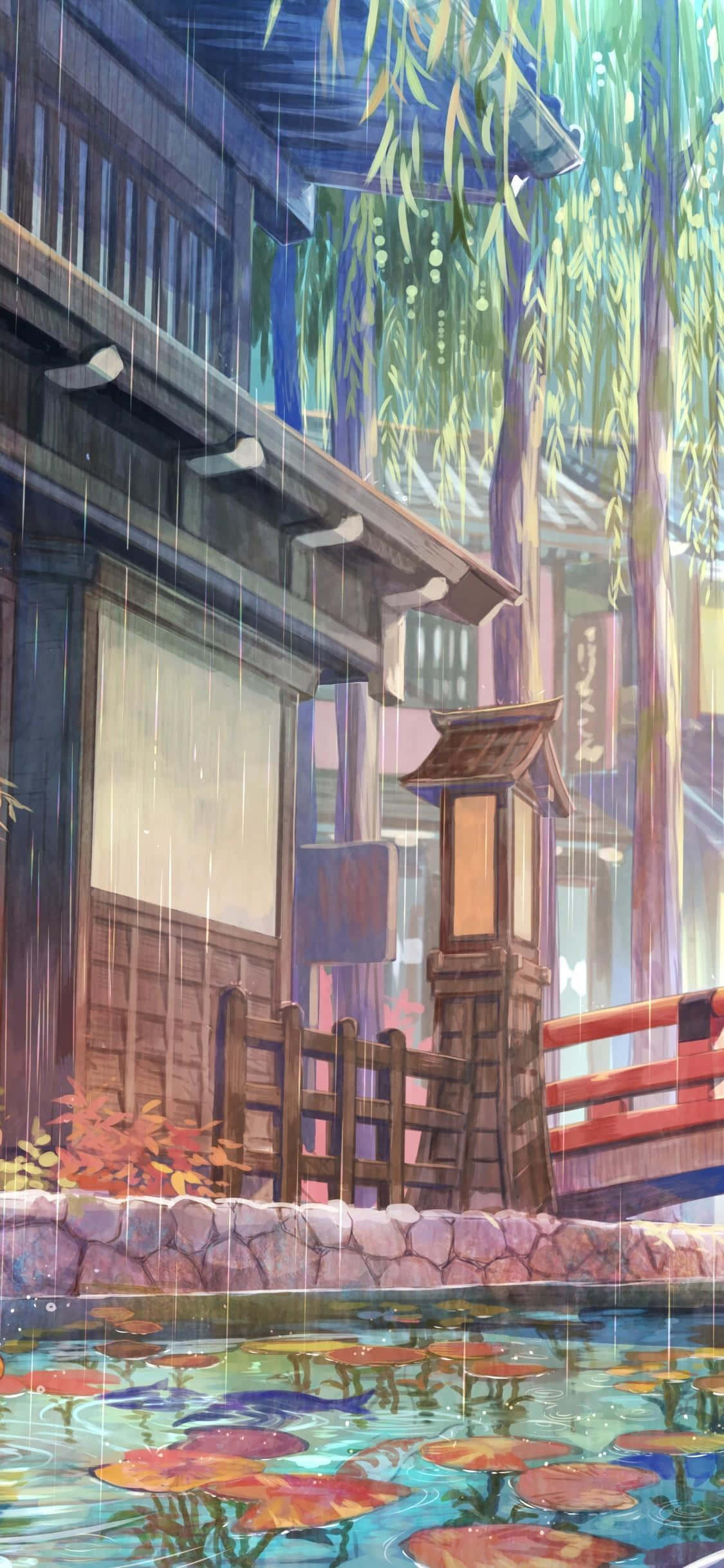 Rain Anime 桌布 壁紙 — 雨輕輕落在傳統日式木橋和池塘上，池塘有睡蓮葉，垂柳枝條下。