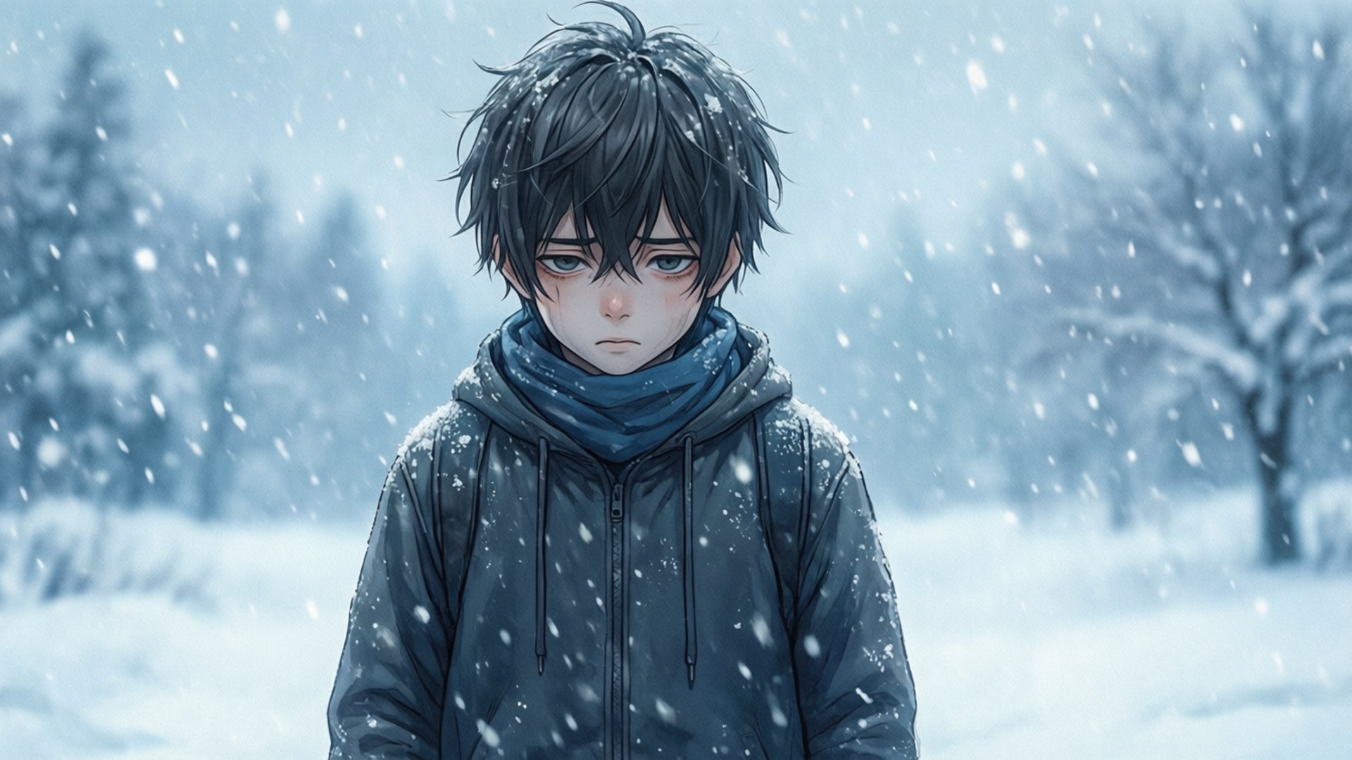 一個寂寞的動漫男孩獨自站在雪地中。
