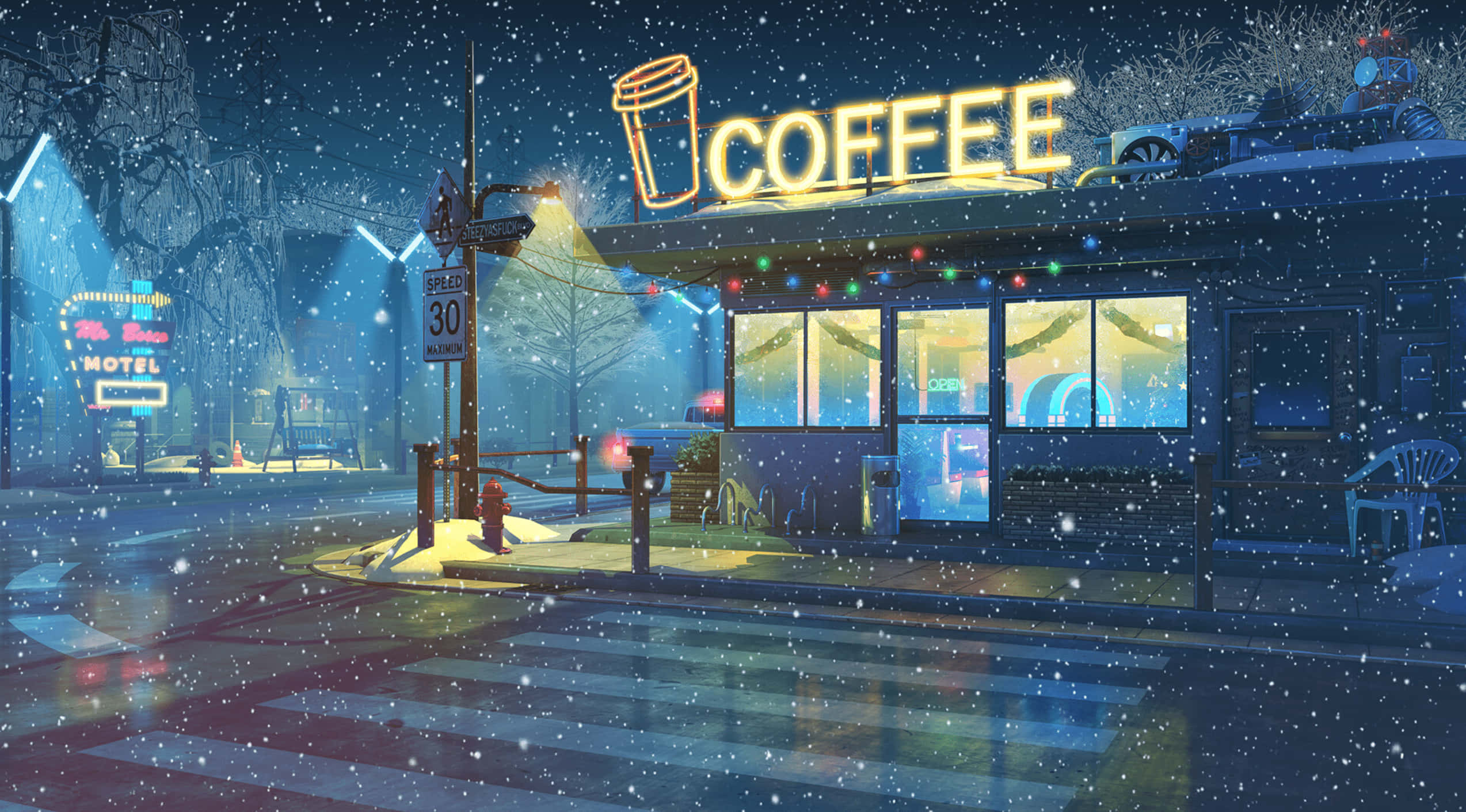 雪中的咖啡館 壁紙