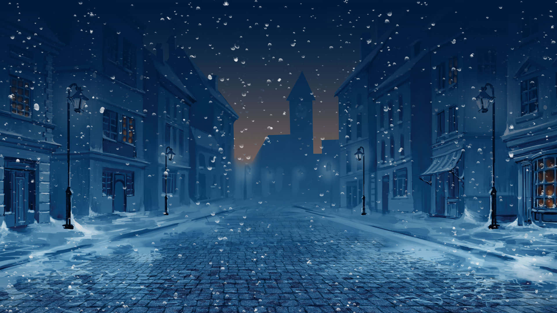 雪中的街道與建築和樹木 壁紙