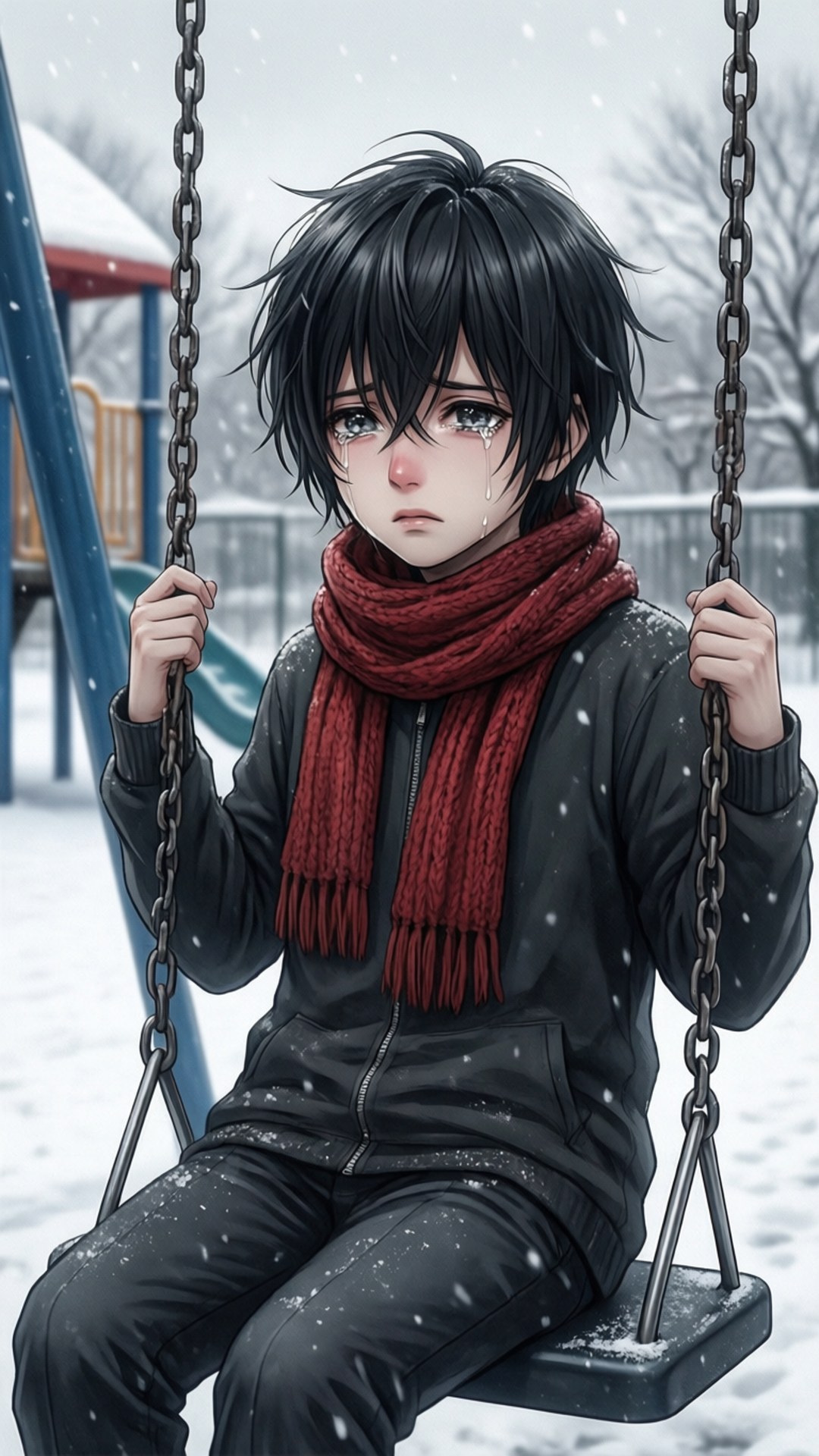 一位戴著紅圍巾的悲傷動漫男孩坐在雪中的鞦韆上，臉上掛著淚水。