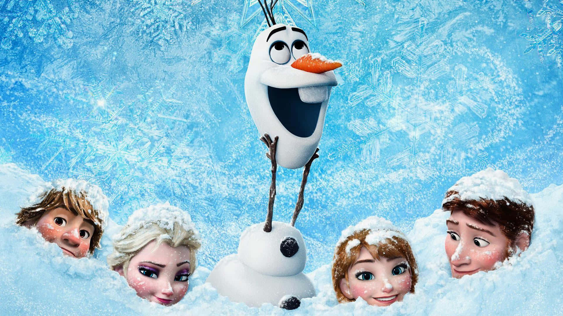 雪人 桌布 壁紙 — 雪人奧拉夫愉快地站在雪中，艾莎、安娜、克里斯托夫和漢斯在他周圍探出頭來，背景是冰冷的藍色。