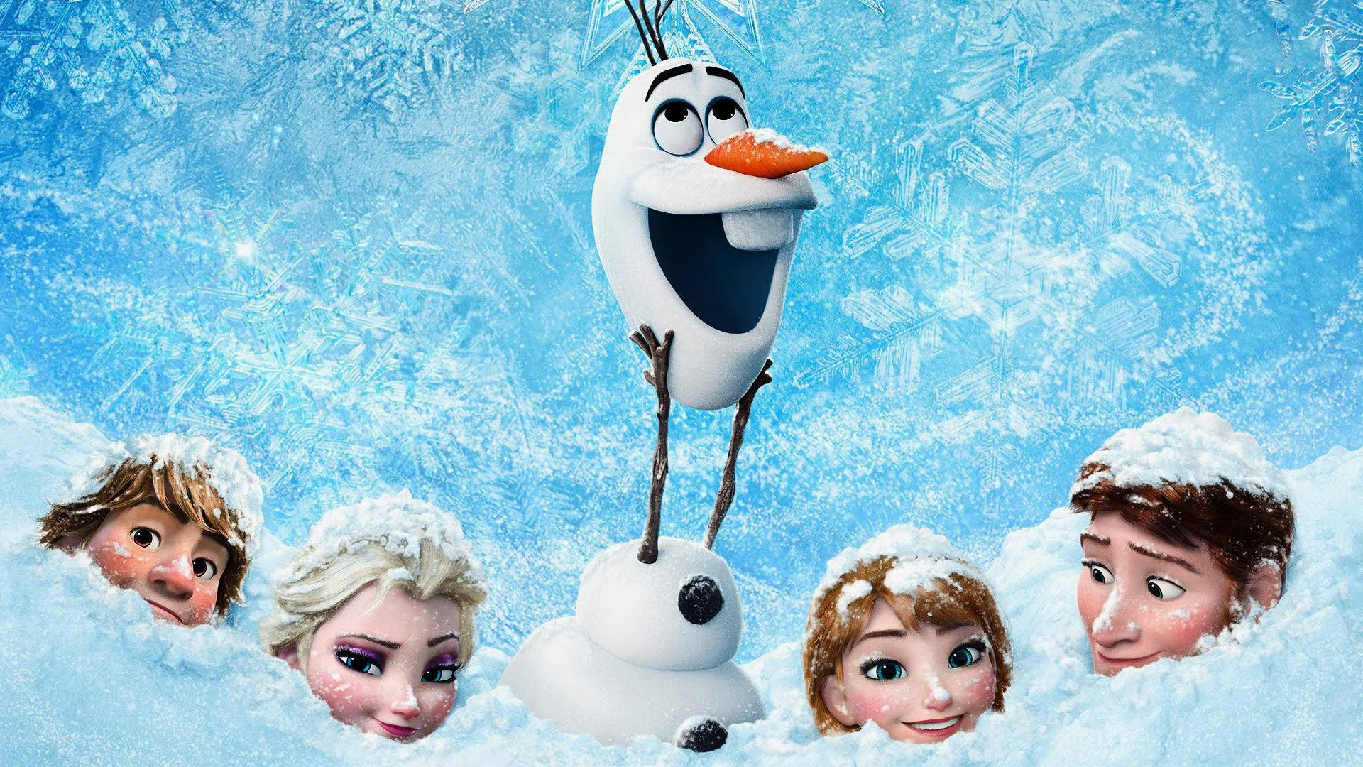 雪寶 桌布 壁紙 — 雪人奧拉夫愉快地站在雪堆上，而艾莎、安娜、阿克和漢斯從他周圍的雪中探出頭來。