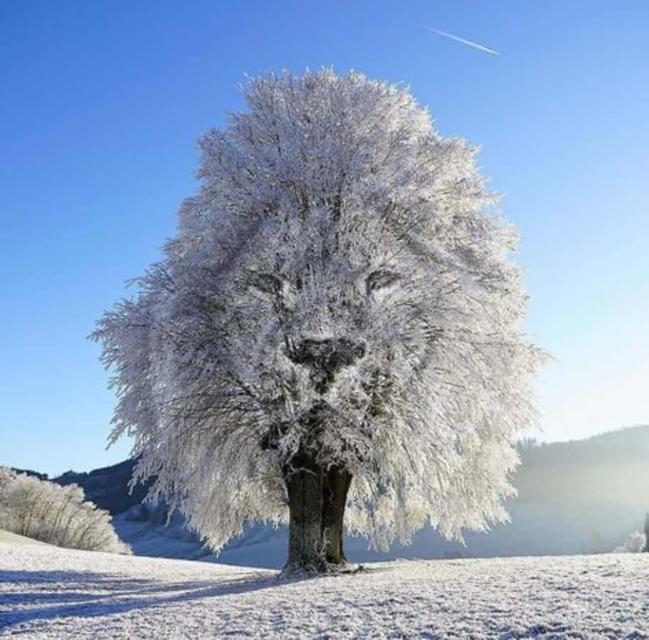 interesting 桌布 壁紙 — 雪地上結霜的樹木在清澈的藍天下形成獅子臉的剪影。