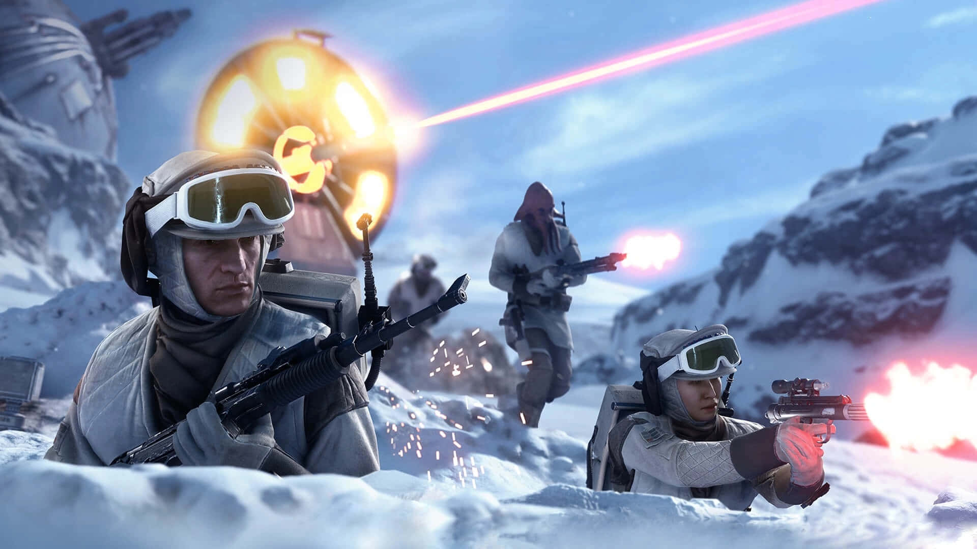 Battle Of Hoth 桌布 壁紙 — 雪地士兵在雪地戰場上開火，身後一艘發光的星艦爆炸。