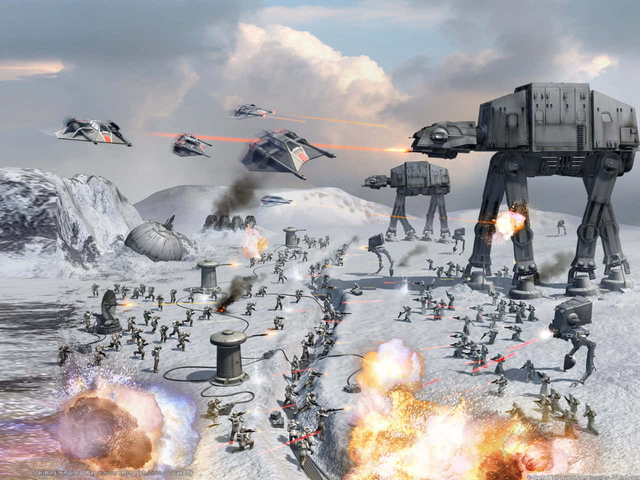 The Battle Of Scarif 桌布 壁紙 — 雪地戰場，AT-AT 步行機和星際戰機在爆炸和煙霧中進行激烈戰鬥。