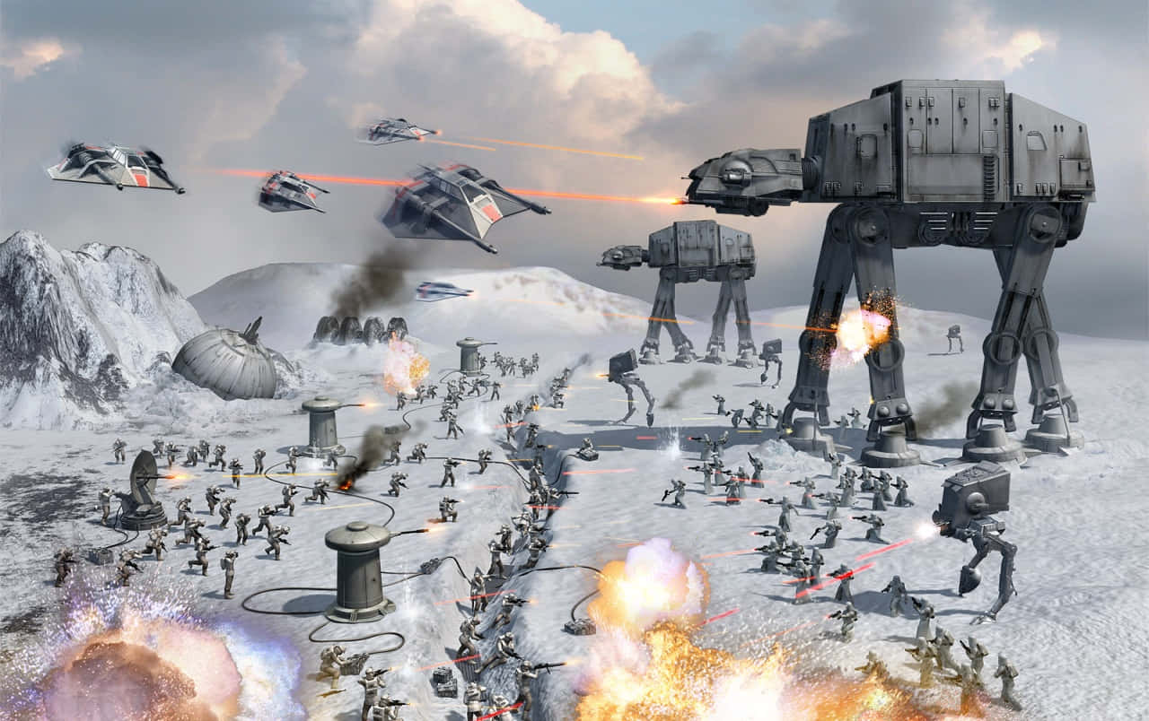 The Rebellion 桌布 壁紙 — 雪地戰場上，AT-AT步行機和星際戰機在爆炸和煙霧中激烈交戰。