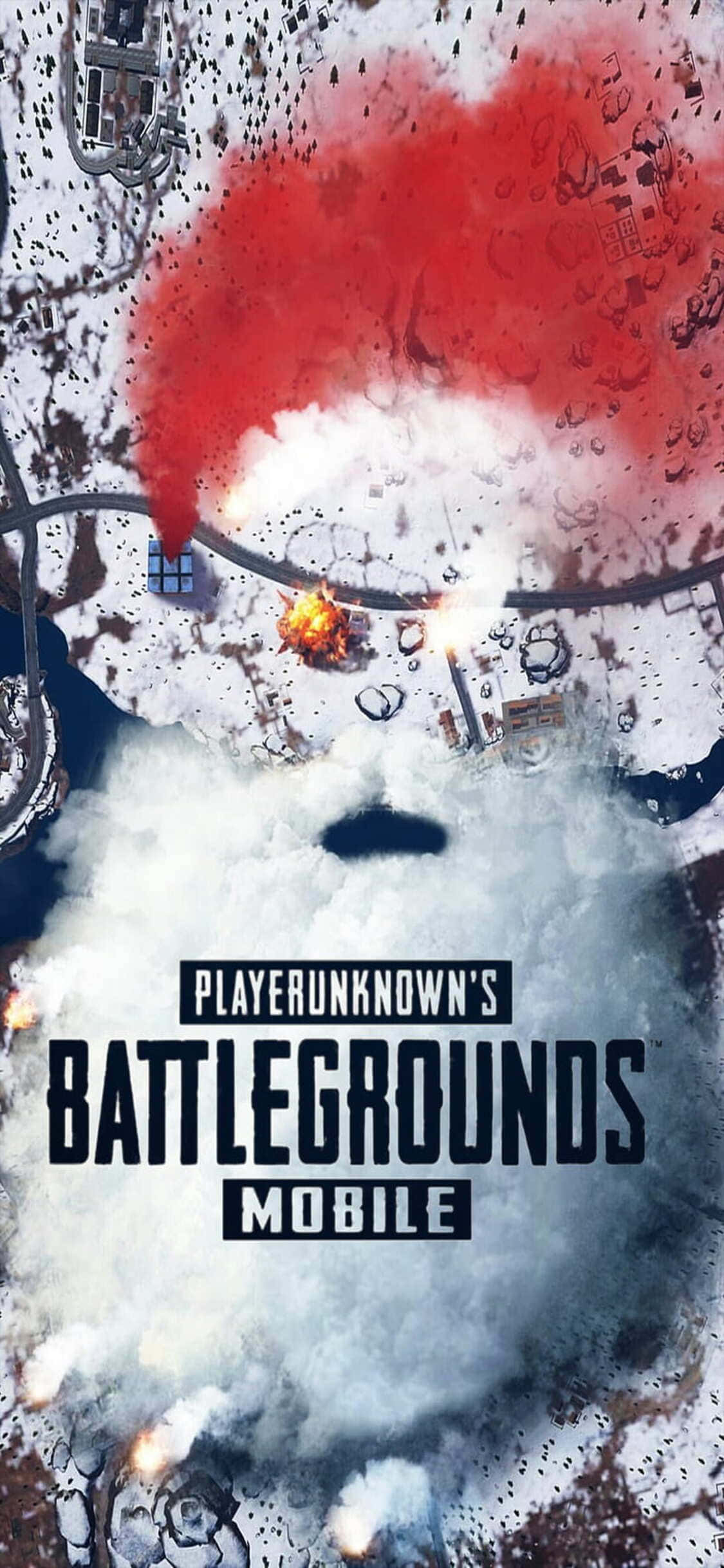 Playerunknown's Battlegrounds 桌布 壁紙 — 雪地戰場的鳥瞰圖，帶有爆炸、紅色煙霧和遊戲標題文字疊加。