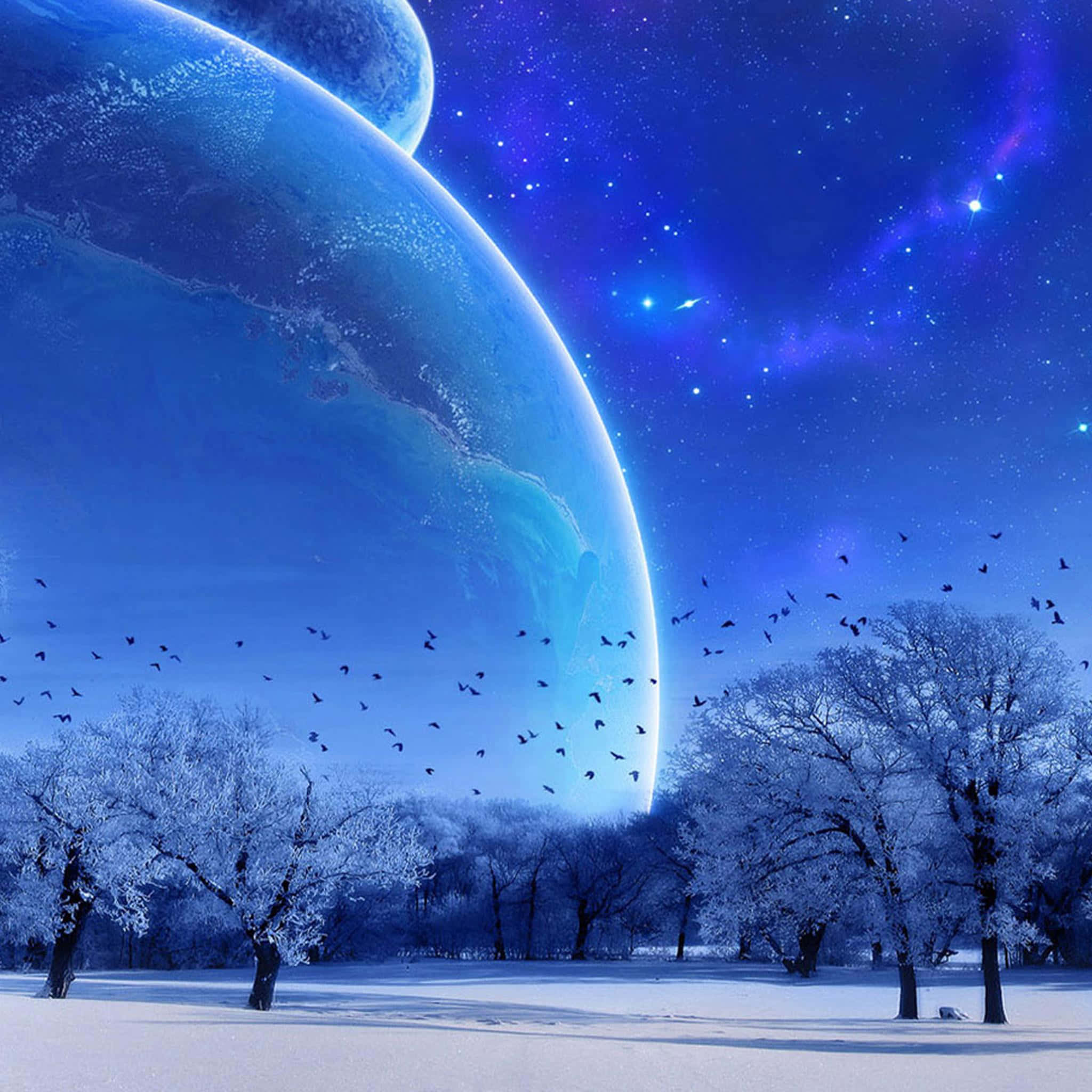 iPad Air 2 桌布 壁紙 — 雪地森林，廣闊藍色星球和星空下，鳥兒飛翔。