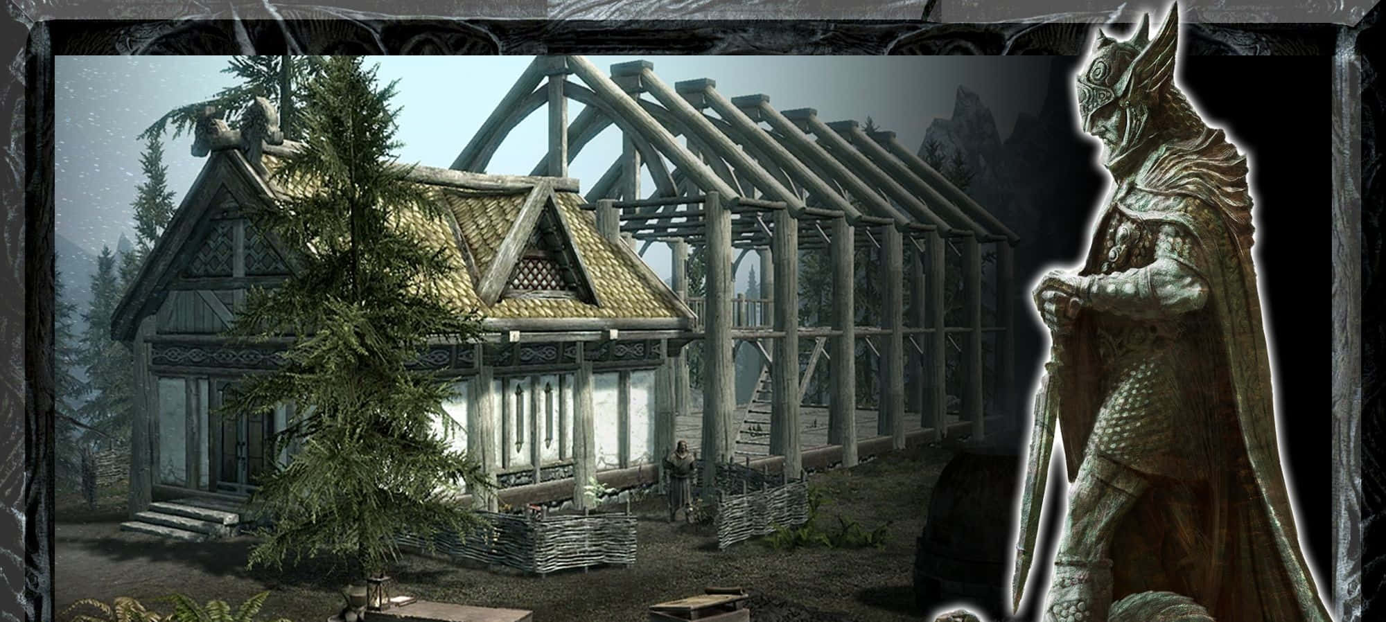 Heljarchen Hall 桌布 壁紙 — 雪地森林中一座半建成的木屋，旁邊站著一個戴兜帽的盔甲人物。
