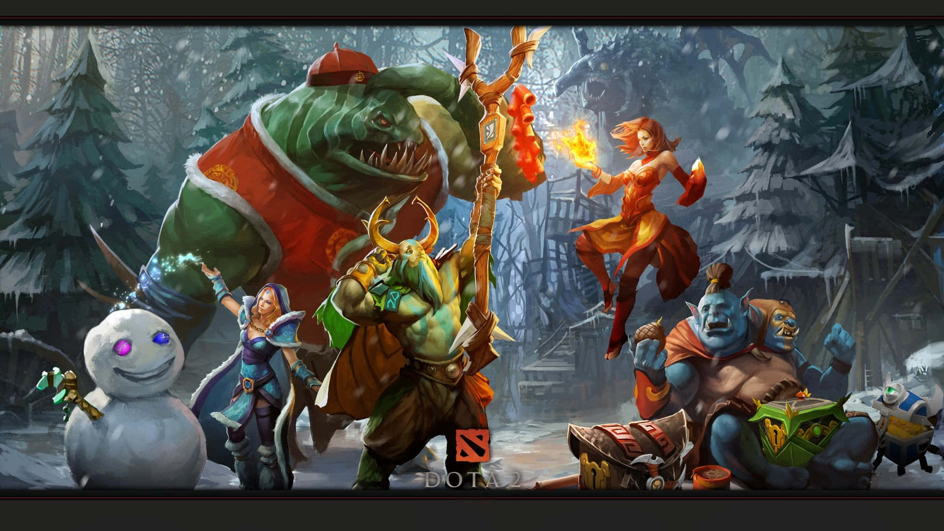 1920x1080 Dota 2 桌布 壁紙 — 雪地森林戰鬥中的奇幻英雄，伴隨著發光的魔法和節日雪人。