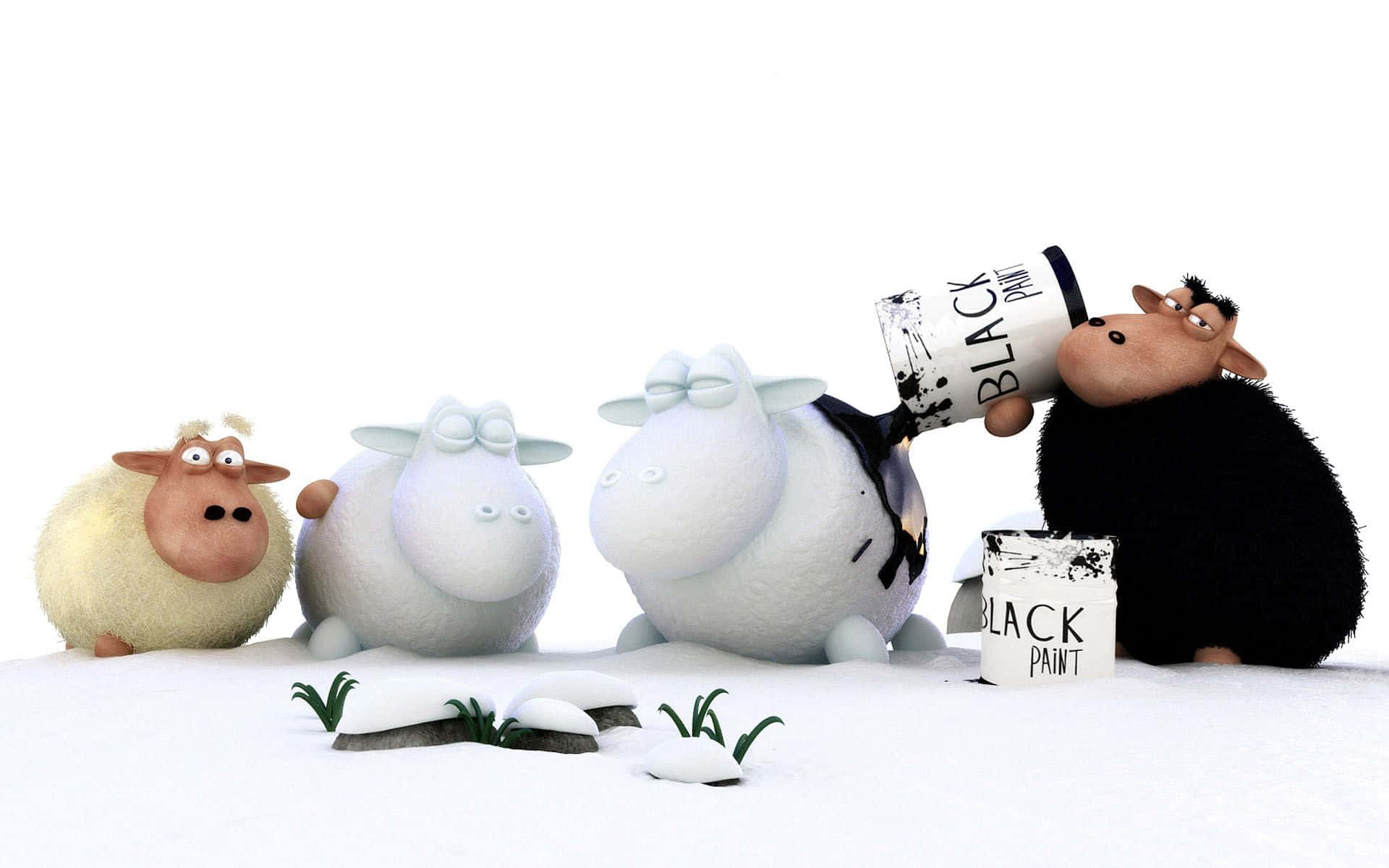 Sheep 桌布 壁紙 — 雪地裡的四隻卡通羊，一隻黑羊將黑色油漆倒在一隻白羊身上。