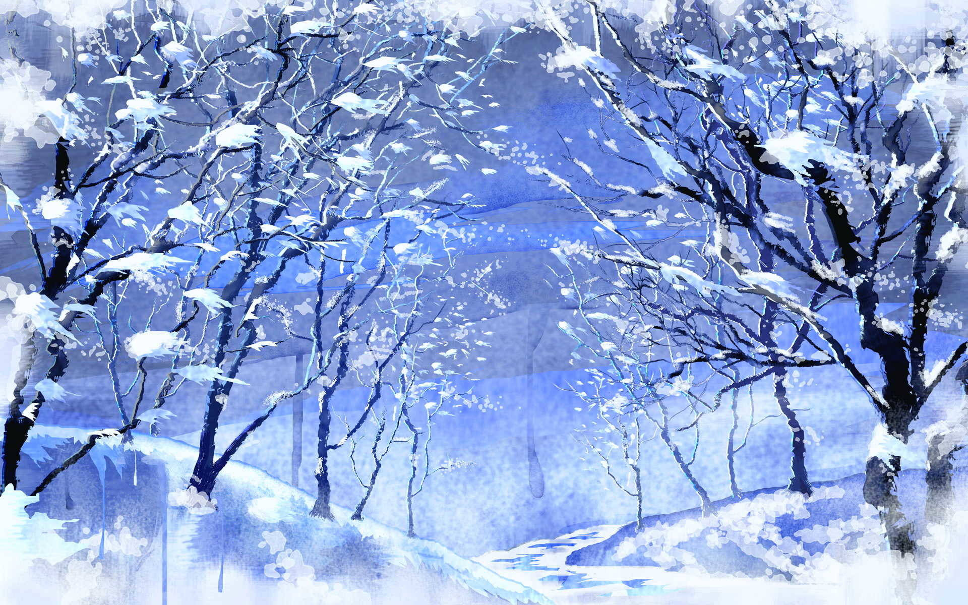 Windows 冬季 桌布 壁紙 — 雪壓枝頭的裸樹枝條伸展在寧靜的冬日景觀中，以清涼的藍色和白色水彩調繪製。