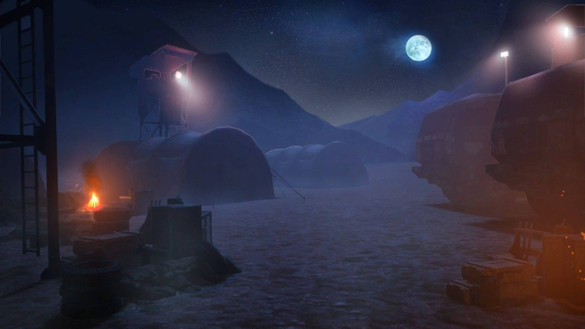 桌布 壁紙 — 雪夜場景，發光的燈籠和滿月照亮了帶有工業結構的山區景觀。