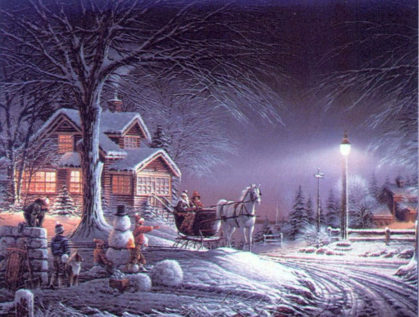 Vintage Christmas 桌布 壁紙 — 雪夜場景，馬拉雪橇經過一間溫暖亮燈的小屋，孩子們在雪人附近玩耍。