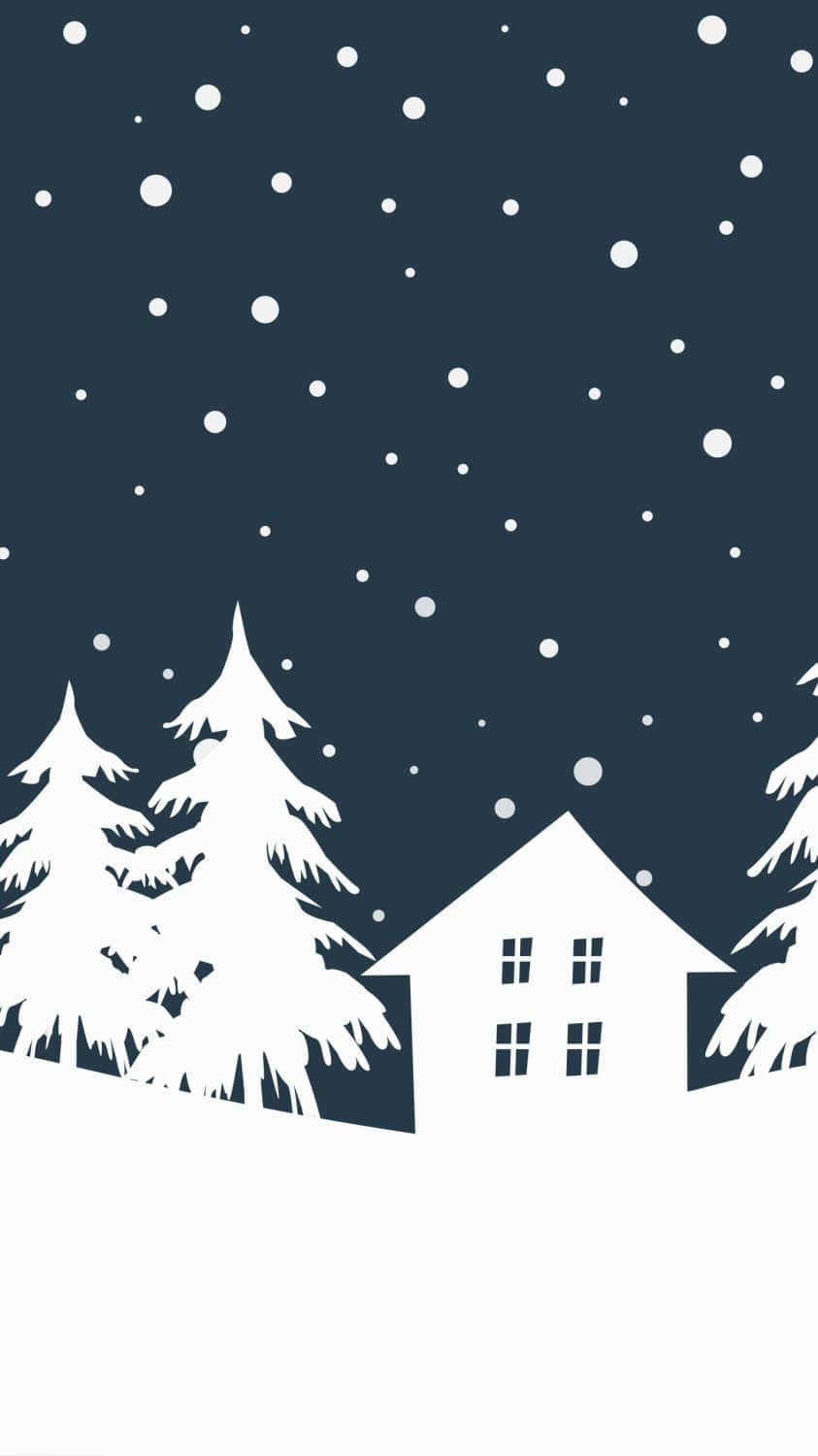 Winter Phone 桌布 壁紙 — 雪夜天空下，舒適小屋和松樹的極簡白色剪影，雪花飄落。