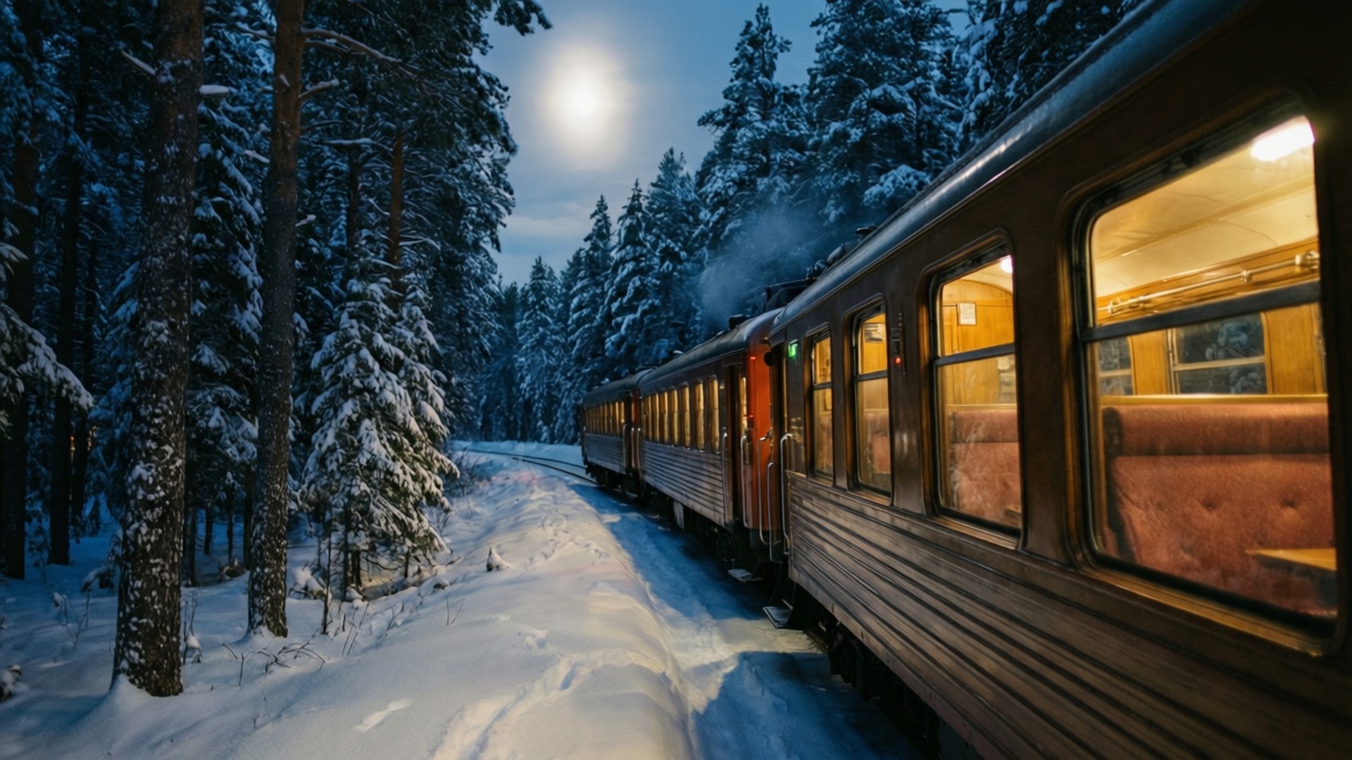 雪夜快車 壁紙 — 一列復古火車在明亮的滿月下，滑過白雪覆蓋的松樹林，為冬日景觀投下寧靜的光芒。